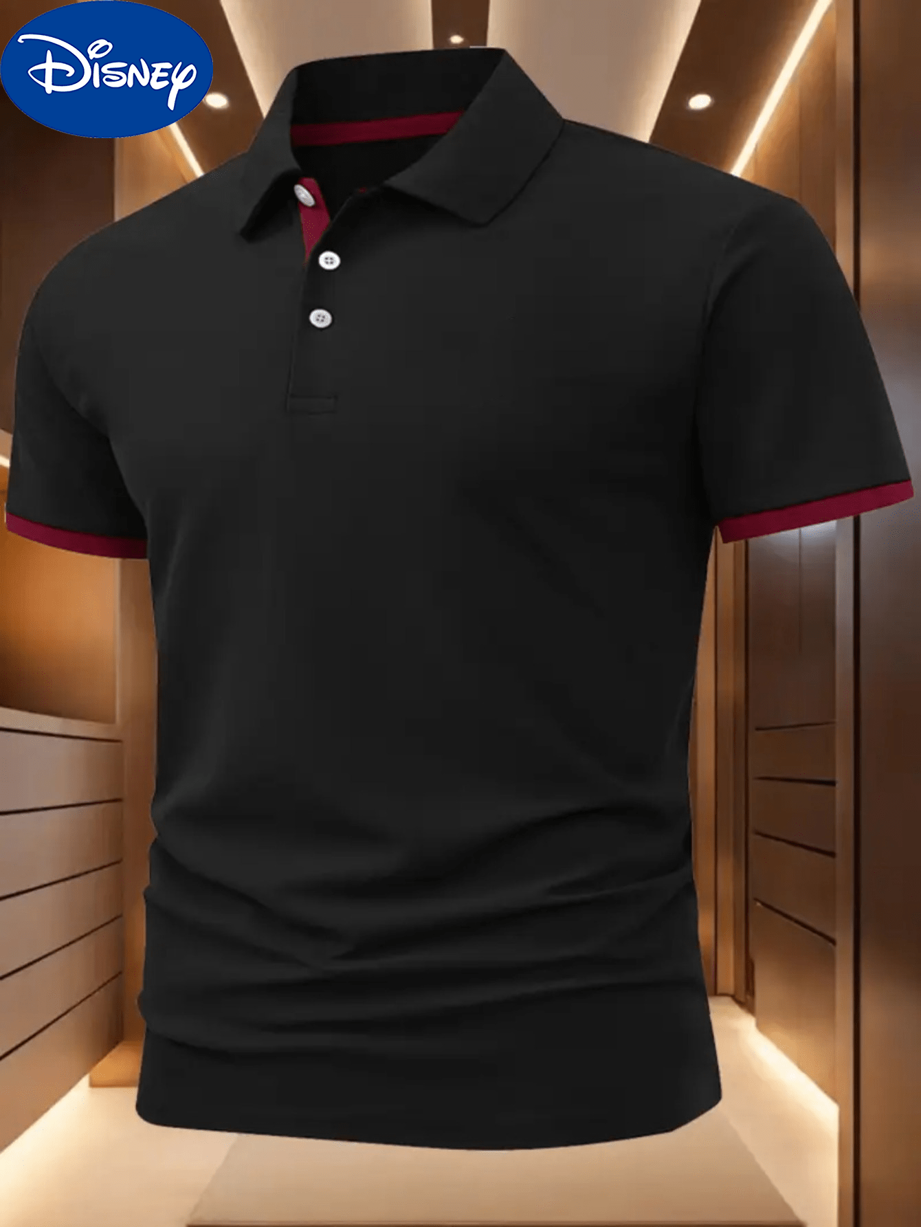 Disney Minnie Mouse Bow Print Men's Shirt - Maroon & Navy Color Block Collar & Cuffs, Lightweight Quick-Dry Polyester, Breathable Golf & Tennis Shirt, Business Casual Summer Top, Machine Washable Gift for Him, Breathable Poly