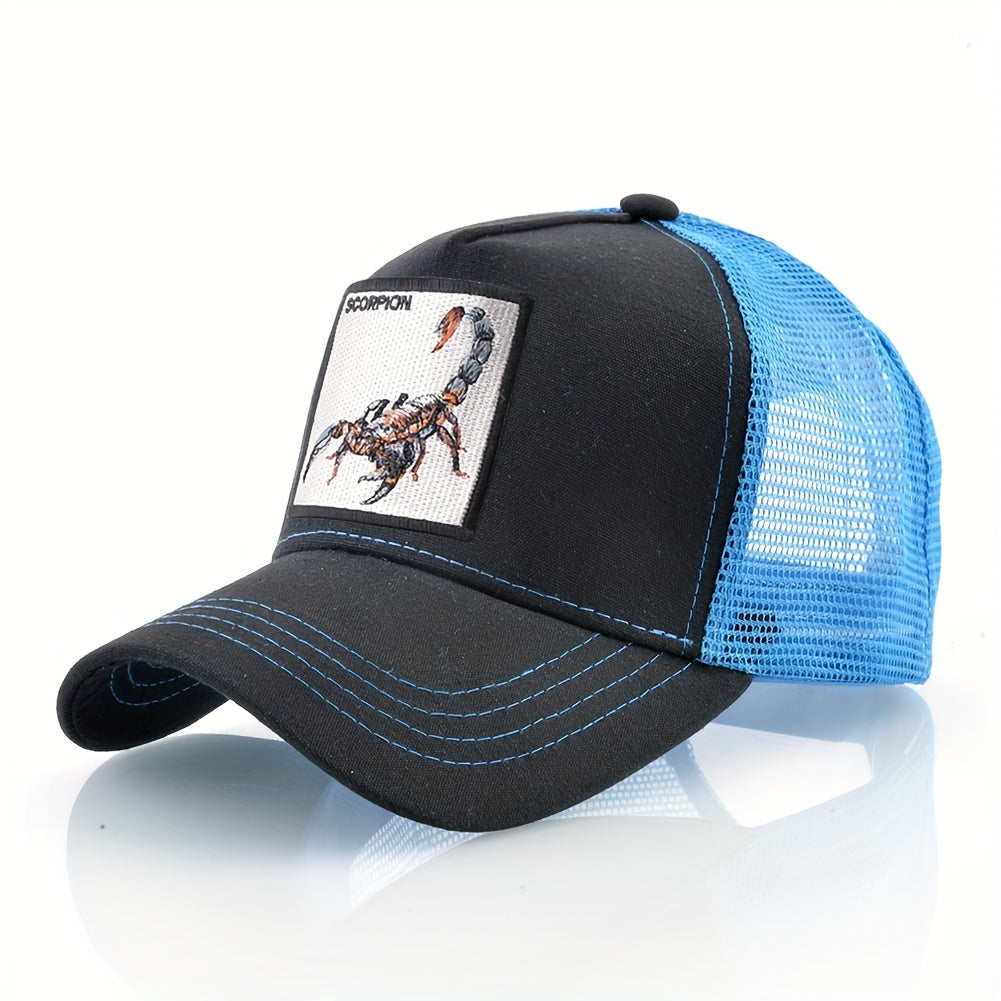 Unisex Embroidered Scorpion Baseball Cap - Breathable Mesh Trucker Hat for Outdoor Sports & Hip-Hop Style, Summer Casual Wear, Black & Beige Design with Bold