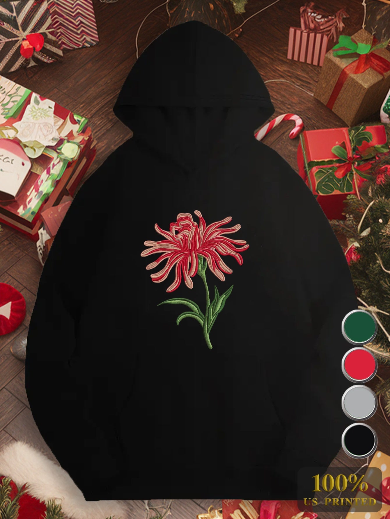 Red flower embroidery design Women's plus size hoodies