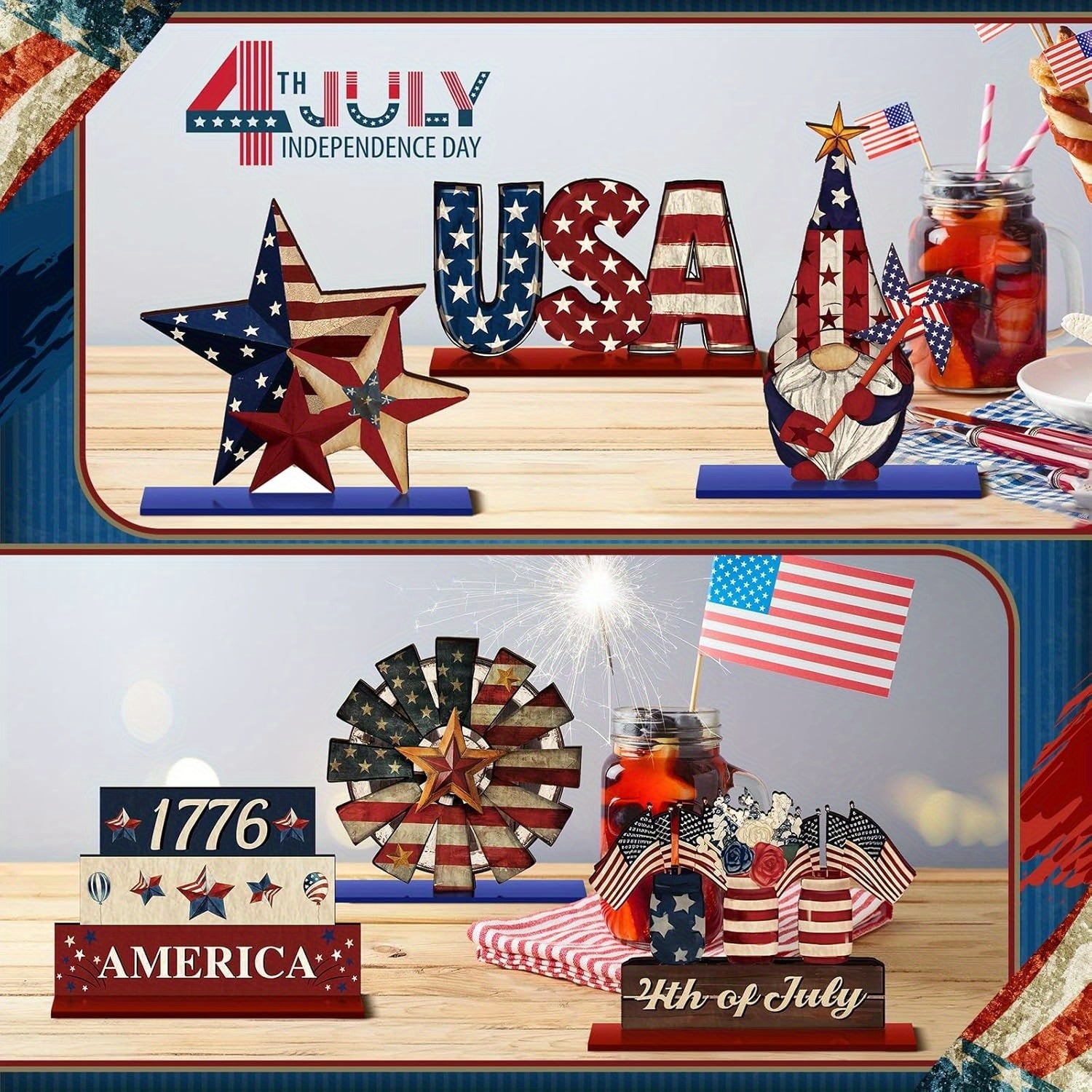 Anniversary and 4th of July Wooden Desktop Decor- Patriotic Country Style Centerpiece, Including Star, Stripe Patterns& Uncle Sam& 1776 Designs, Natural Wood Tiered Tray for Home Office Kitchen Shelf Decoration, Star-Shaped A