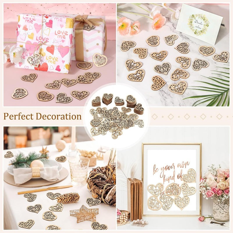 Wooden Heart-Shaped Hollow Carved Pendants, Perfect for Decorating Tables, Gifts, Weddings, Cards