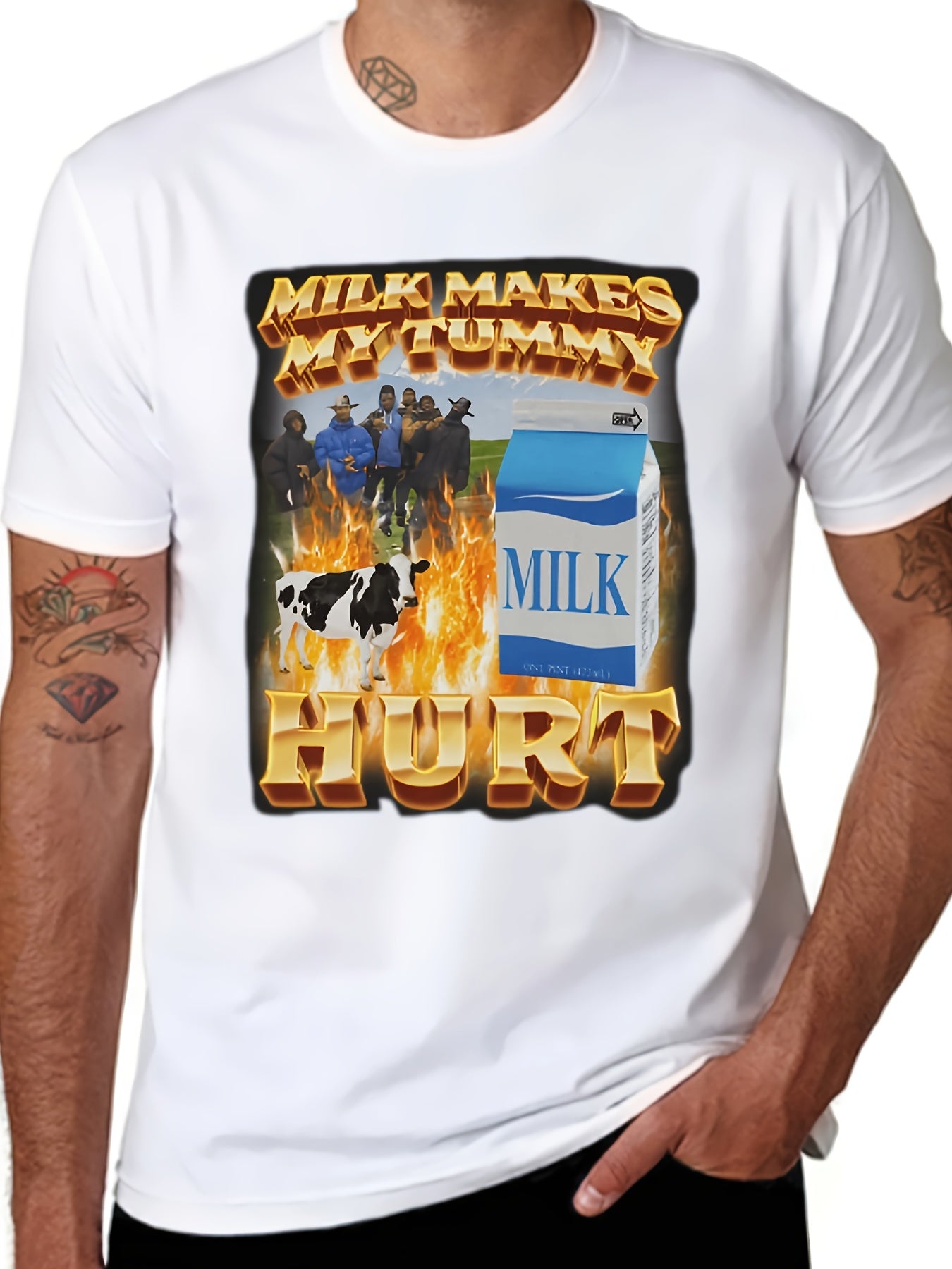 Funny Graphic T-shirt - Milk Makes My Tummy Hurt T-Shirt - Men’s Short Sleeve Black Collection