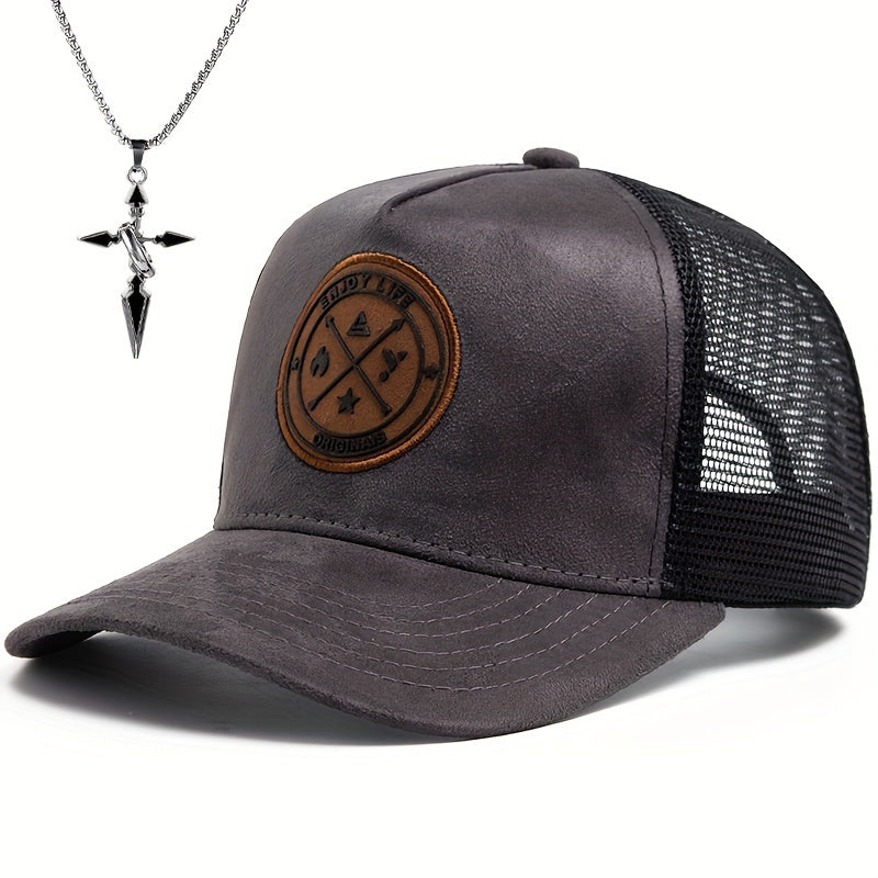 2pcs Men's Street Style Baseball Cap and Cross Necklace Set - Trendy Suede Snapback with Mesh Back, Black & White Design, Fashion Accessory