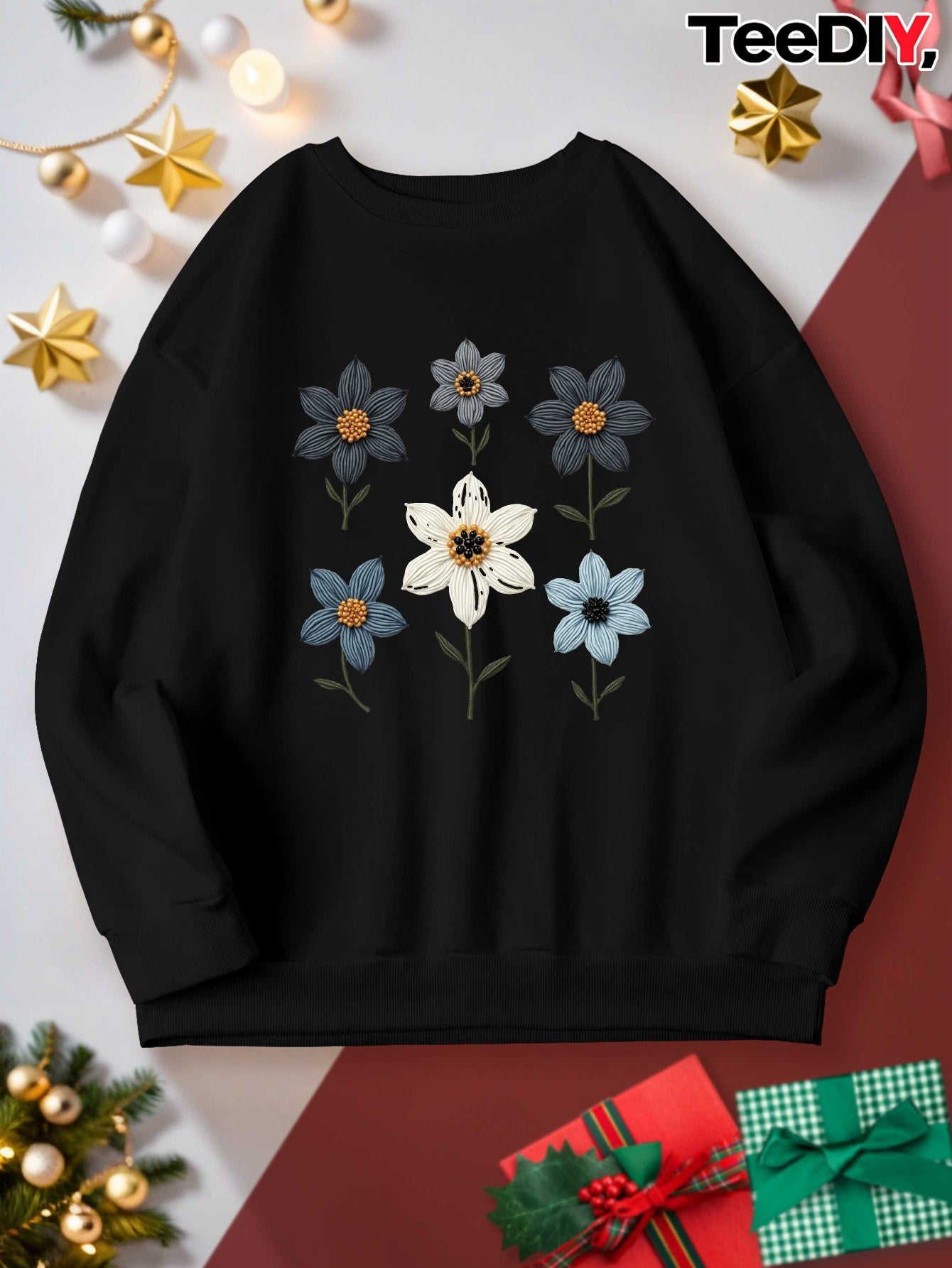 Women's Plus Size Casual Sweatshirt - Embroidered Floral Design with Beadwork, Vibrant Red Long Sleeve Round Neck Pullover, Machine Washable Autumn Winter Fashion Top, Cute Sweatshirts, Detailed Embroidery