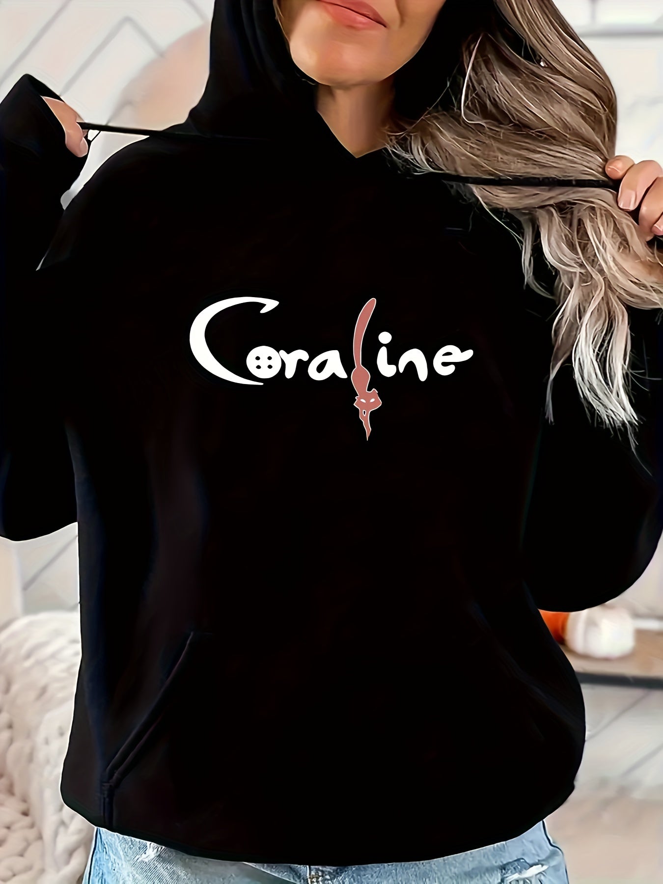 Comfortable Coraline Themed Cartoon Print Hoodie for Women, Casual Knit Fabric, Hooded Polyester Sweatshirt for All Seasons with Drawstring