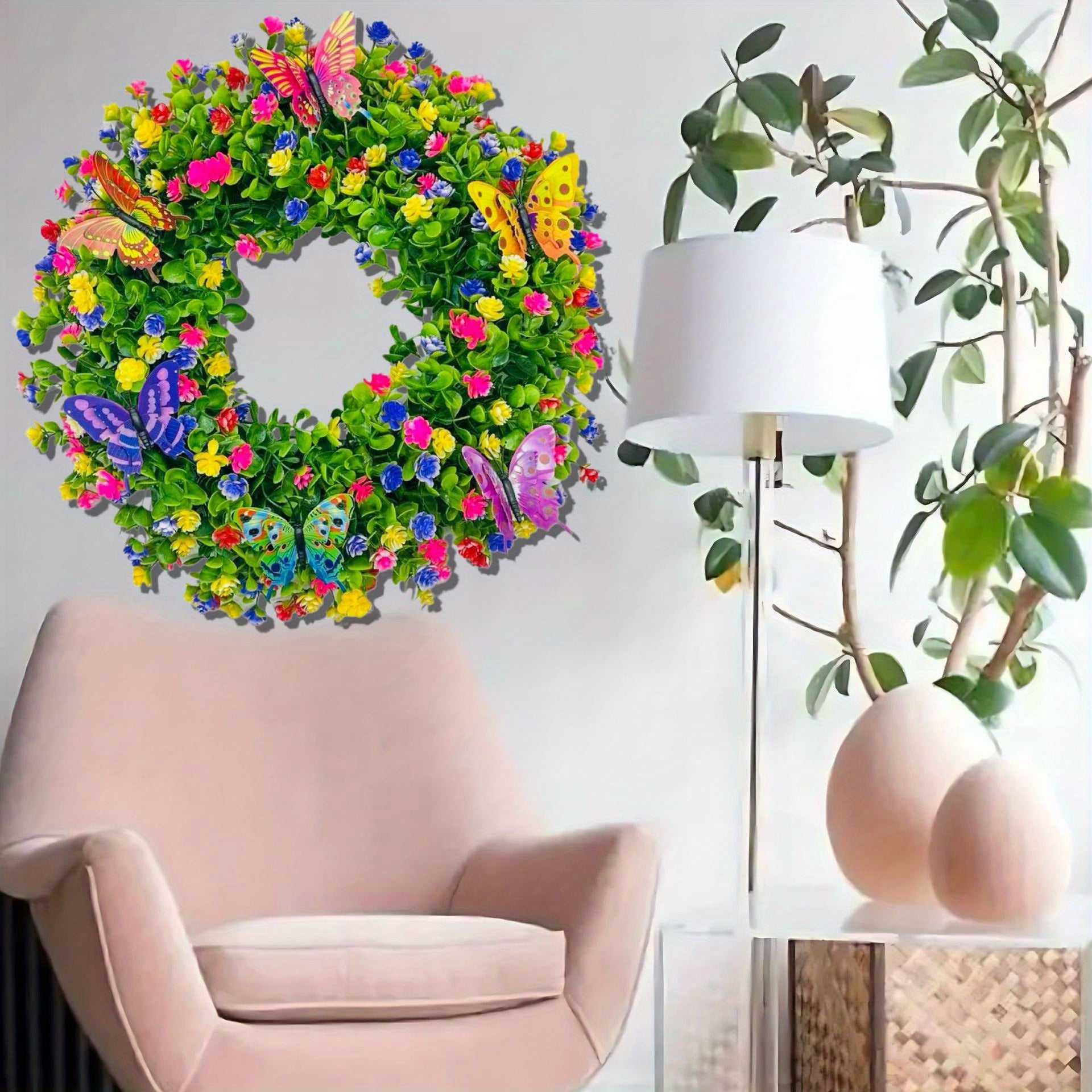 43cm/ 17in Faux Eucalyptus & Butterfly Wreath - Perfect for Spring, Summer, Easter, Mother'S Day, Thanksgiving Day & Graduation Decor | Ideal for Home, Garden, Patio, Front Door & Farmhouse