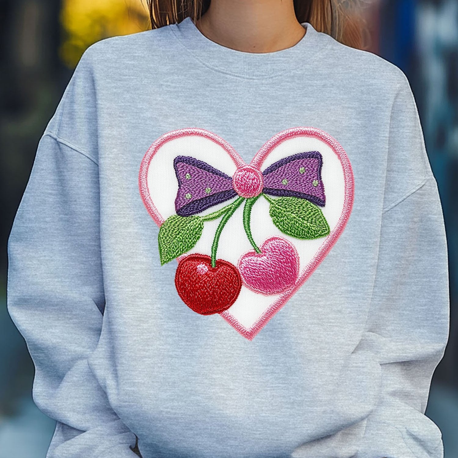 Women'S Cherry Love Heart Bow Embroider Print Sweatshirt Pullover Fall Loose Fashion Long Sleeve Crew Neck Sweatshirt Casual Comfy Clothes