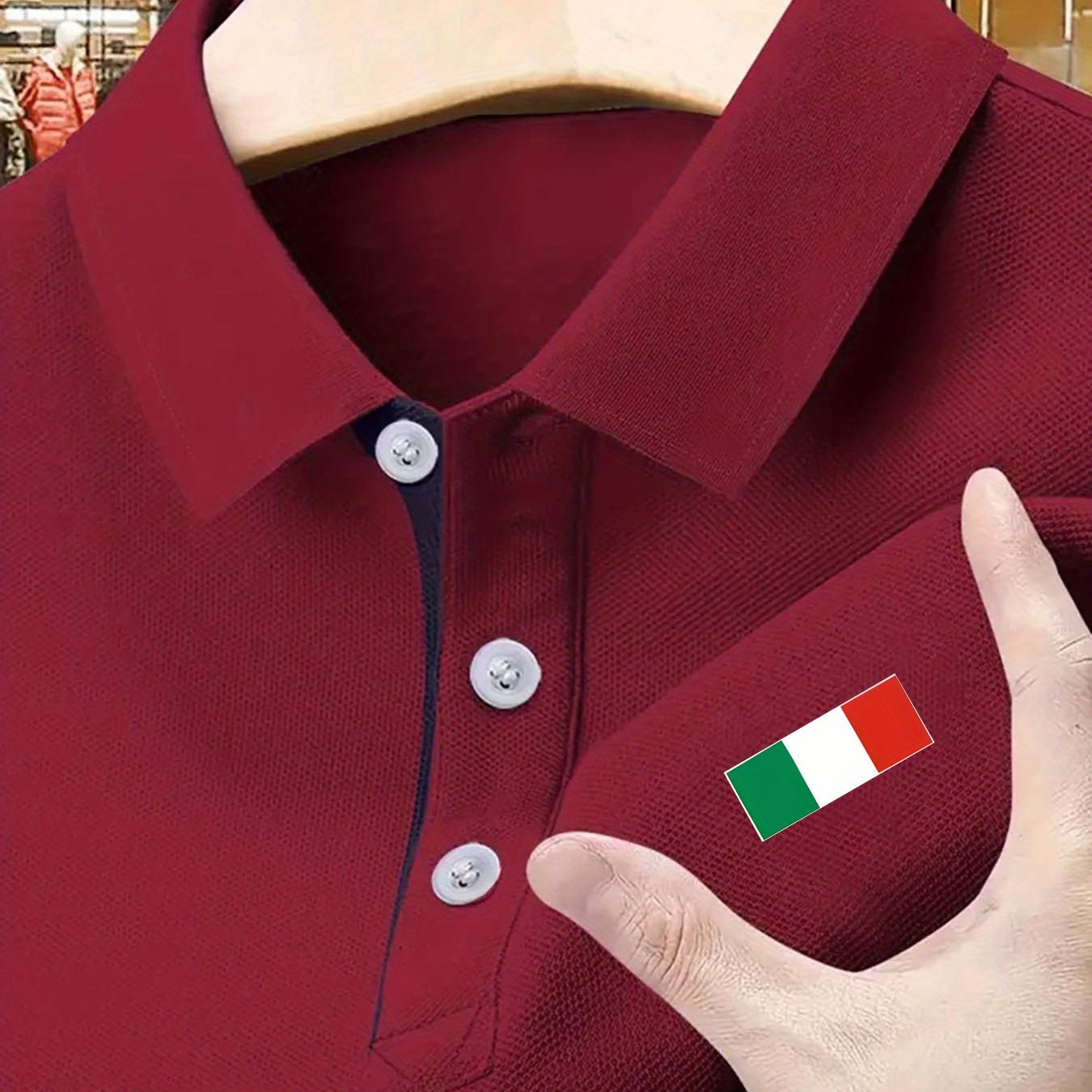 Men's Stretch Shirt - Deep Red Italian Flag Print, Breathable Knit Fabric, Button Collar & Red Trim, Regular Fit for Summer Golf & Outdoor Activities, Golf Shirt, Easycare Material