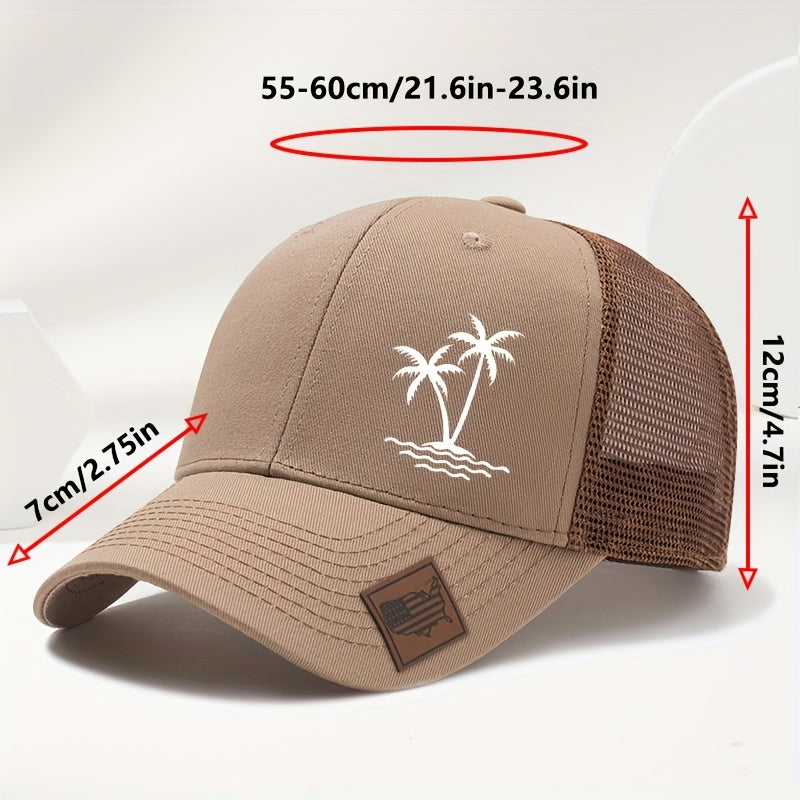 Sports Outdoor Sunshade Fashion Coconut Tree Pattern Print Exquisite Small Faux Leather Badge Hard Top Baseball Cap Hip Hop Duckbill Hat Casual Versatile Fashion Mesh Cap Men and Women Universal Outdoor Party Truck Driver Hat