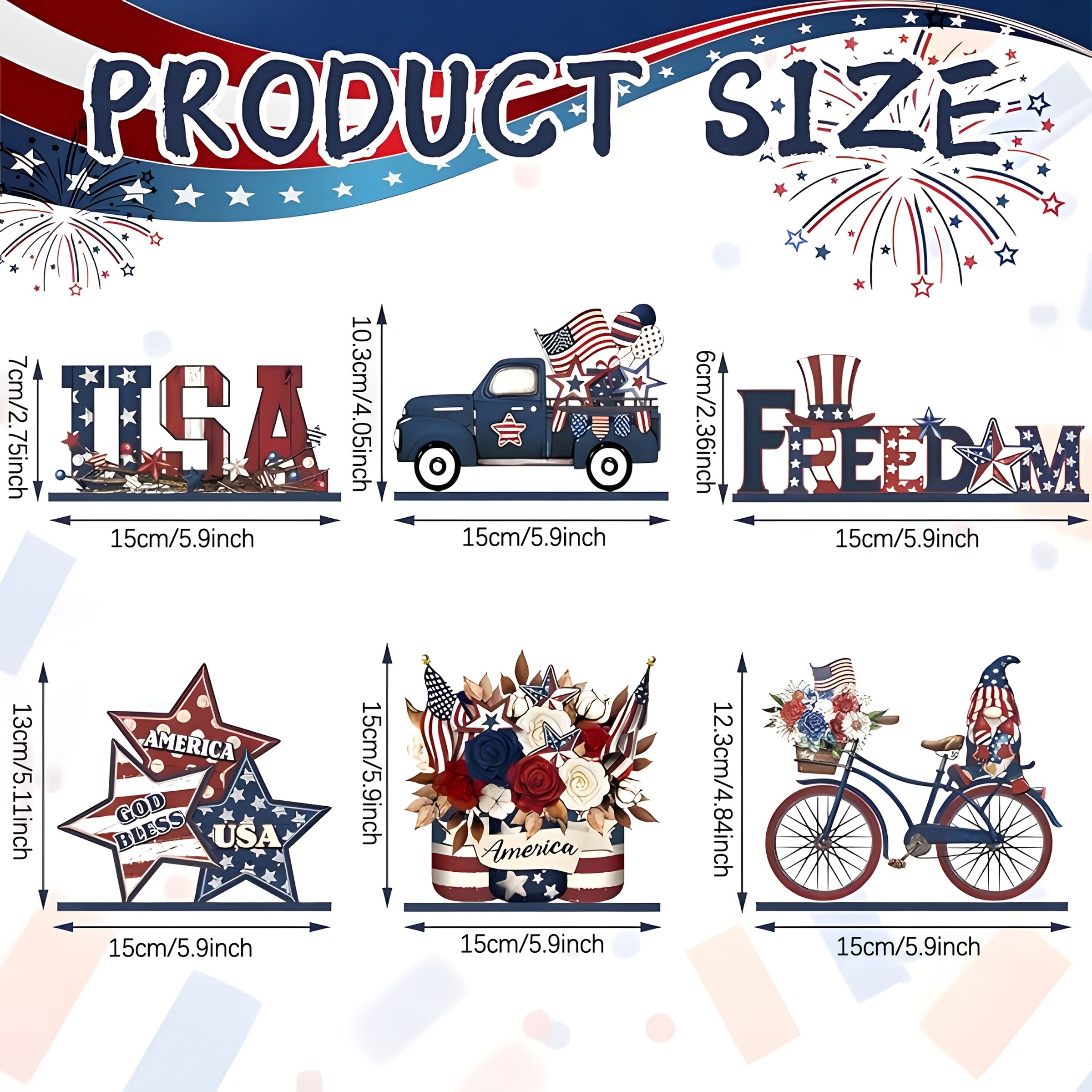 2D Flat Collectible Vehicles 6pcs Patriotic Wooden Tabletop Decorations, American Flag-Themed 2D Flat Wood Crafts, Non-Electric, Battery-Free, for Home, Kitchen, Bookshelf, Dining Table Display, Farmhouse Decor, 2D Flat