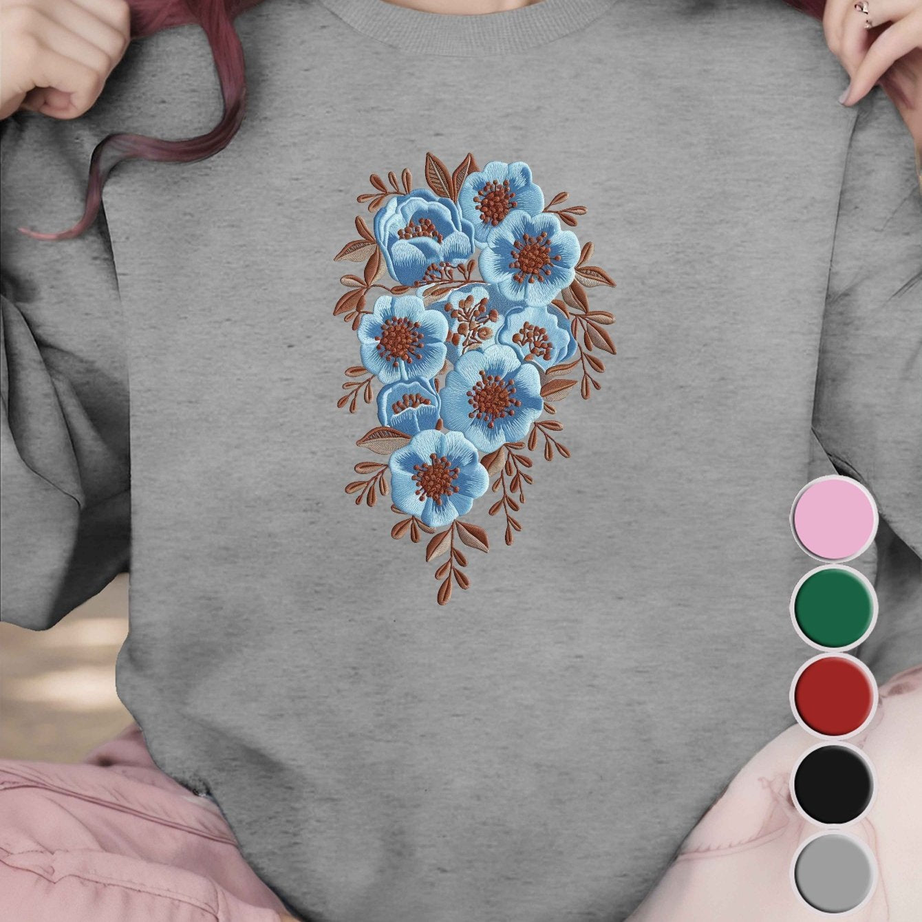 1pc Women'S Casual Floral Embroidery Crew Neck Sweatshirt - Polyester Knit Fabric, Geometric Pattern, Regular Length, Fall/Winter Collection
