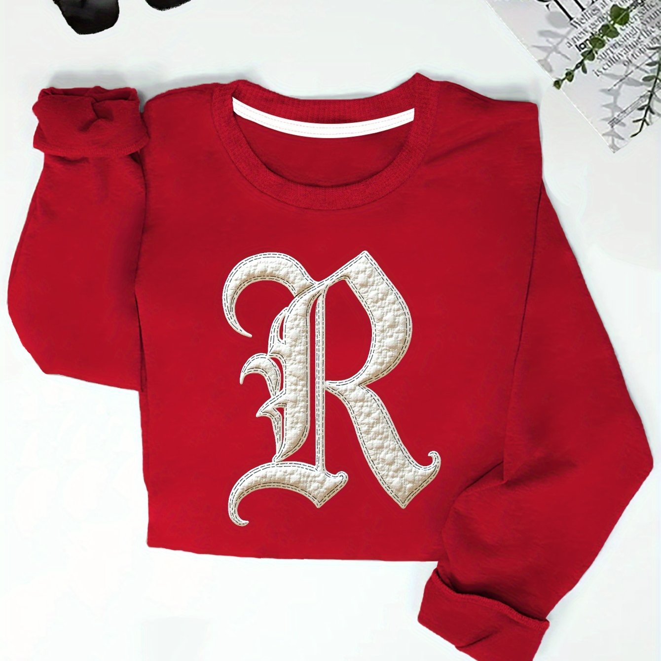 Women'S Gothic Letter R Embroidered Sweatshirt, Casual Crew Neck Long Sleeve Pullover, Geometric Pattern, Regular Fit, Fall/Winter Collection, Cute Sweatshirts