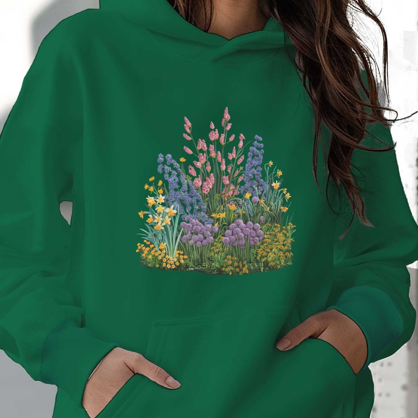 teediy Women's Hoodie with Embroidered Miniature Garden Floral Design, 100% Polyester, Front Pockets, Regular Fit Long Sleeve Casual Pullover for Autumn/Winter, Machine Washable