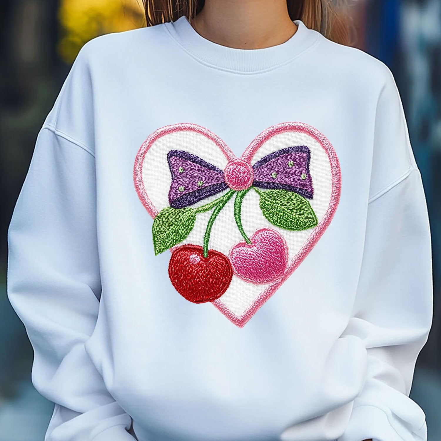 Women'S Cherry Love Heart Bow Embroider Print Sweatshirt Pullover Fall Loose Fashion Long Sleeve Crew Neck Sweatshirt Casual Comfy Clothes