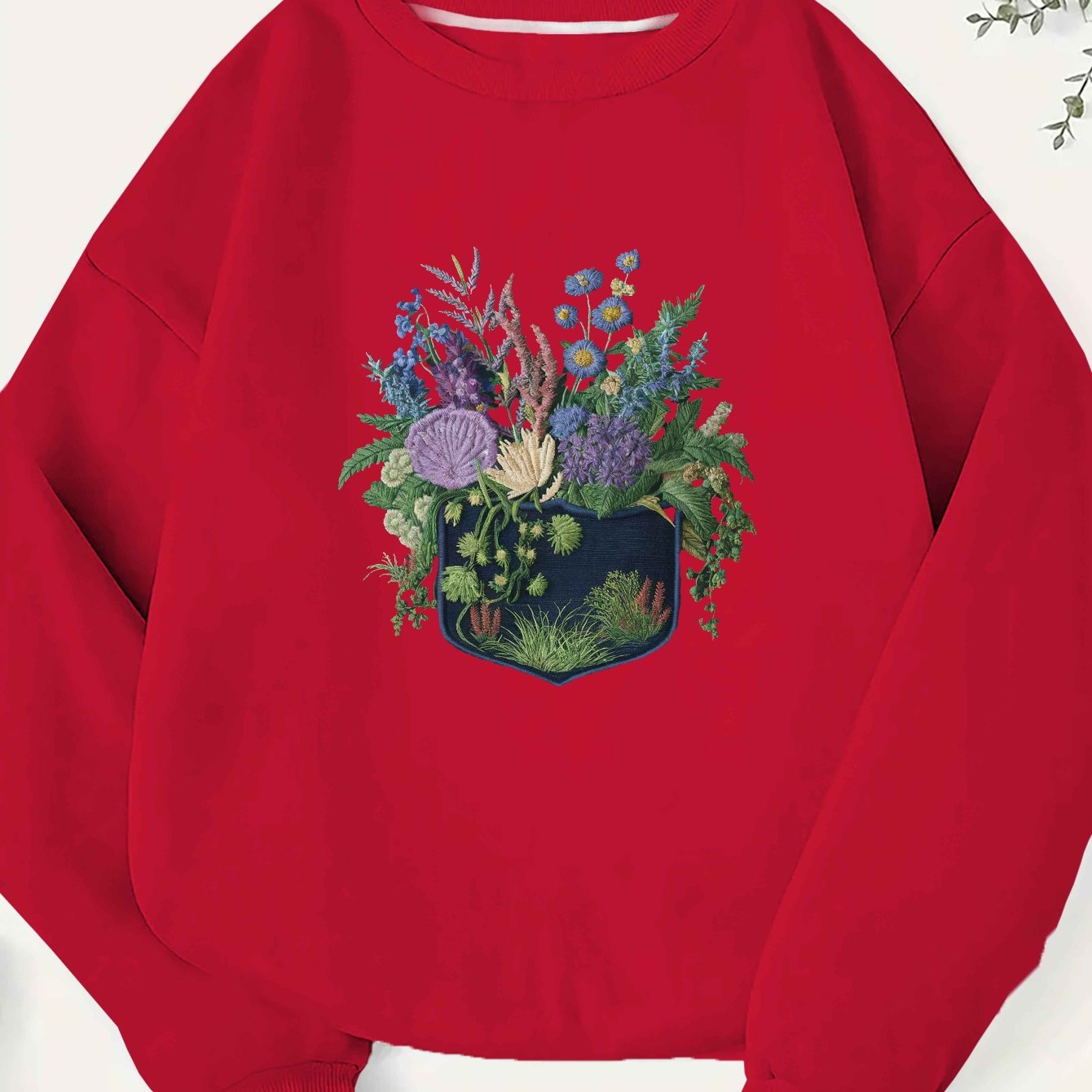 Women'S Plus Size Embroidered Floral Crew Neck Sweatshirt - Casual Polyester Knit Long Sleeve Pullover for Fall/Winter