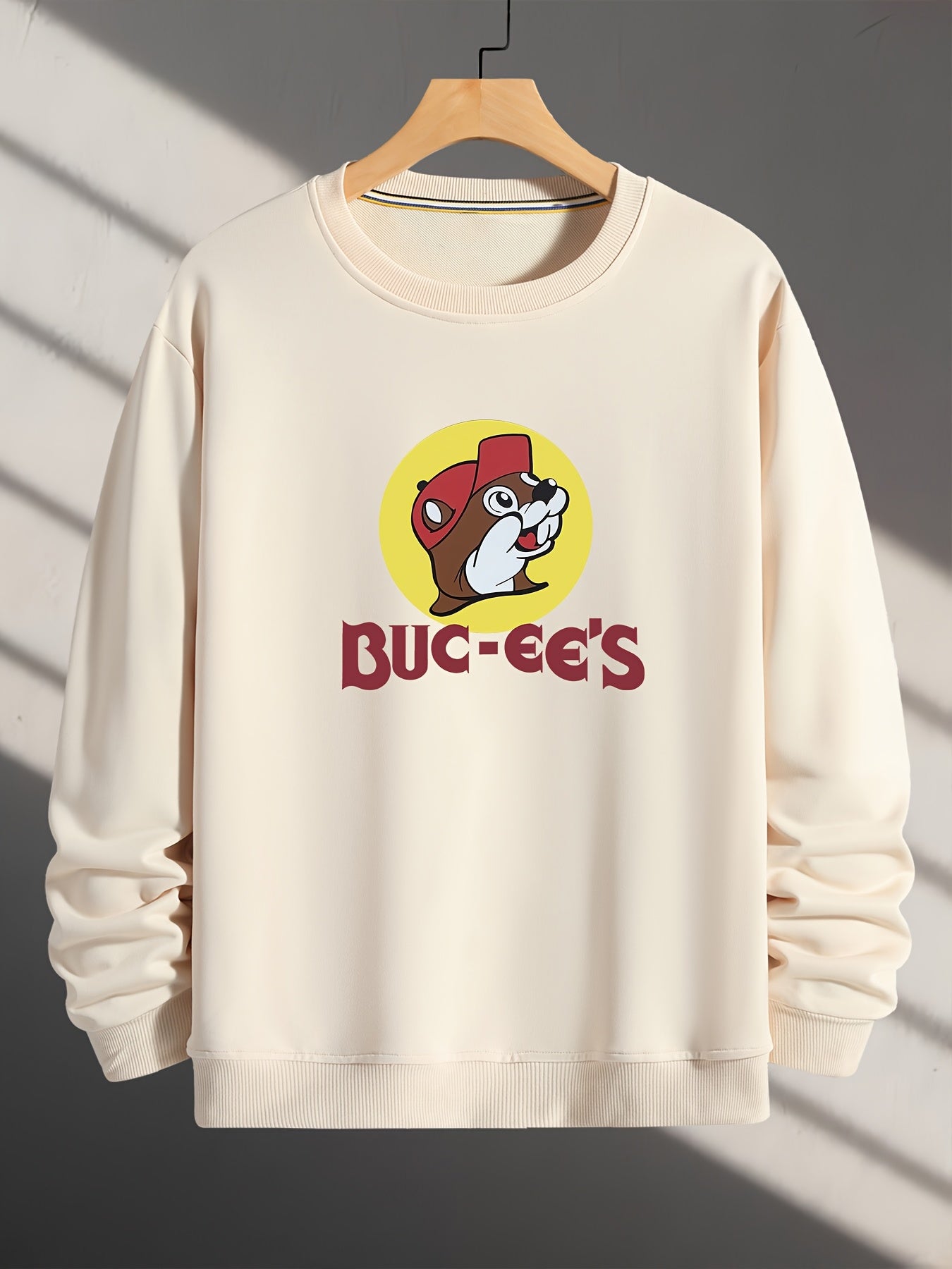 Polyester Crew Neck Sweatshirt, Long Sleeve Loose Fit with Squirrel Letter Print, Casual Outdoor Wear for Men and Women