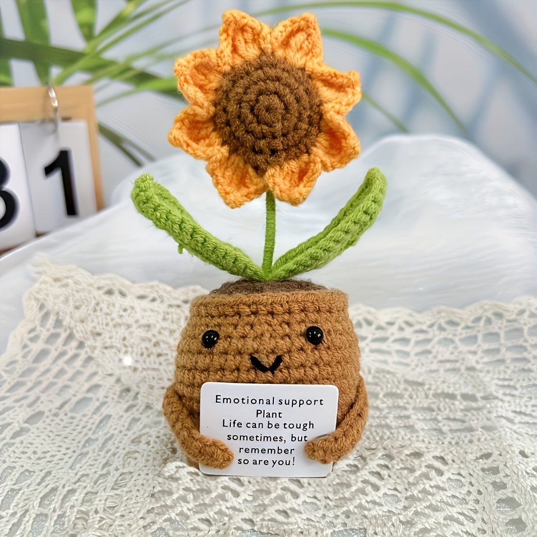 Crochet Heart Pot, Crocheted Sunflower Pot With Encouragement Card, Soft Knitting Decoration, Handmade Crochet Emotional Support Plant, Emotional Support For Birthday Gifts Room Decor