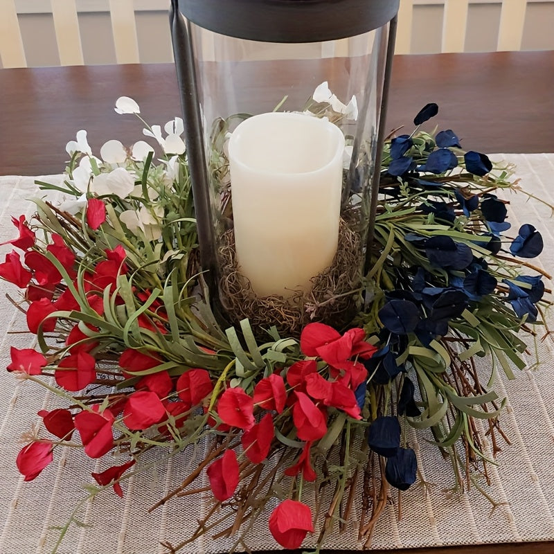 22-inch American Flag Wreath, Patriotic Decor Wreath, Red White And Blue Artificial Floral Stems Wreath. Perfect for 4th Of July Independence Day, Memorial Day, And Flag Day Decorations. This Handcrafted Memorial Day Home Dec