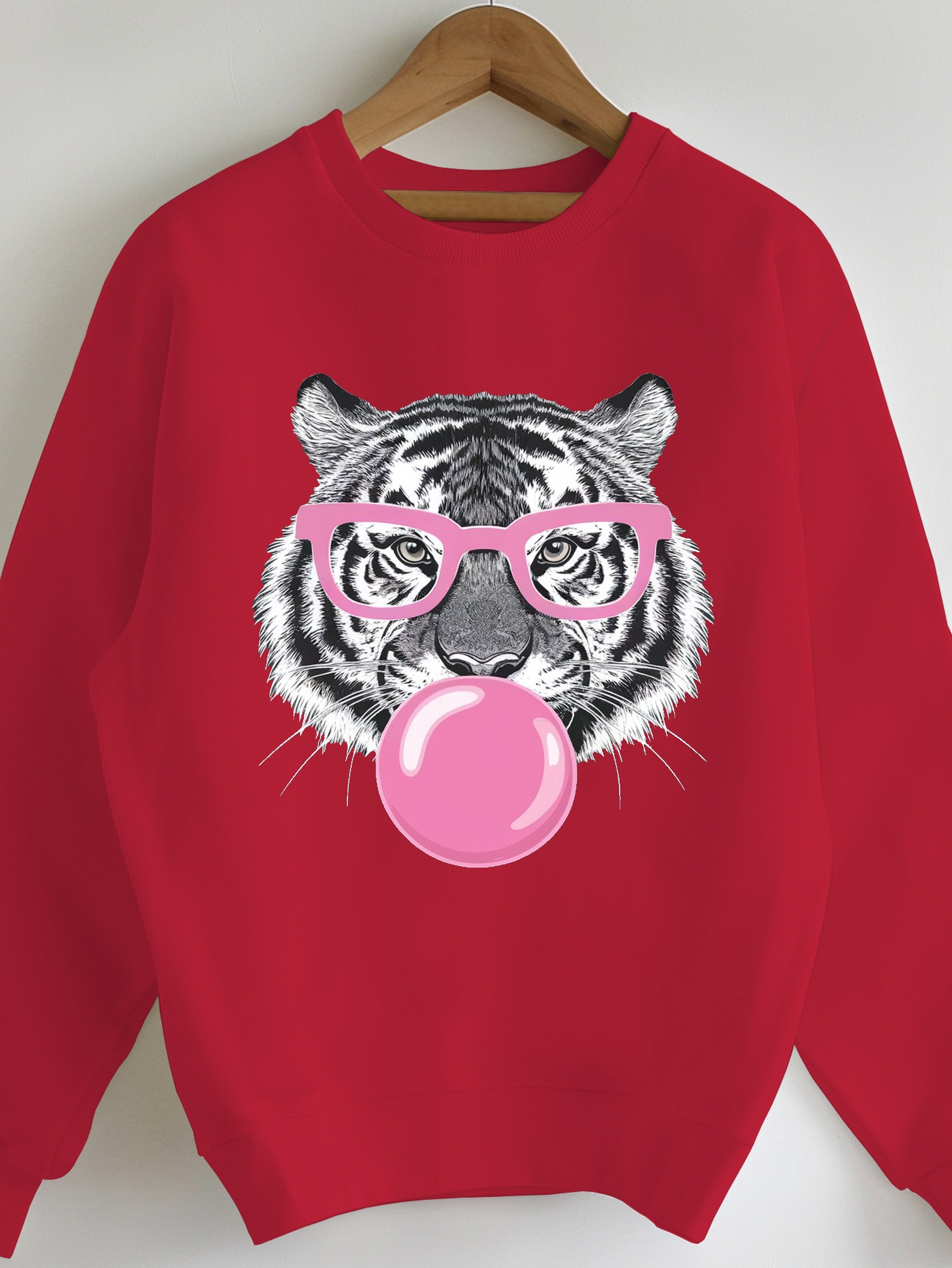 Women's Cozy Green Tiger Bubblegum Graphic Sweatshirt - Casual Crew Neck, Long Sleeve, 100% Polyester Pullover, Machine Washable - Perfect for Fall/Winter