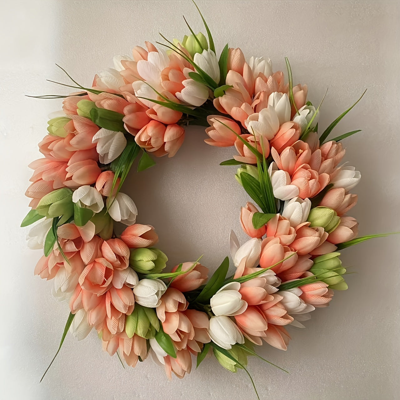 Elegant Pink & White Tulip Wreath - Lush Artificial Flower Garland for Home, Wedding & Outdoor Celebrations Decor, No Battery Required, Festive Home Decor|Sophisticated Design|Lush Tulip Wreath, Flower Garland Decoration
