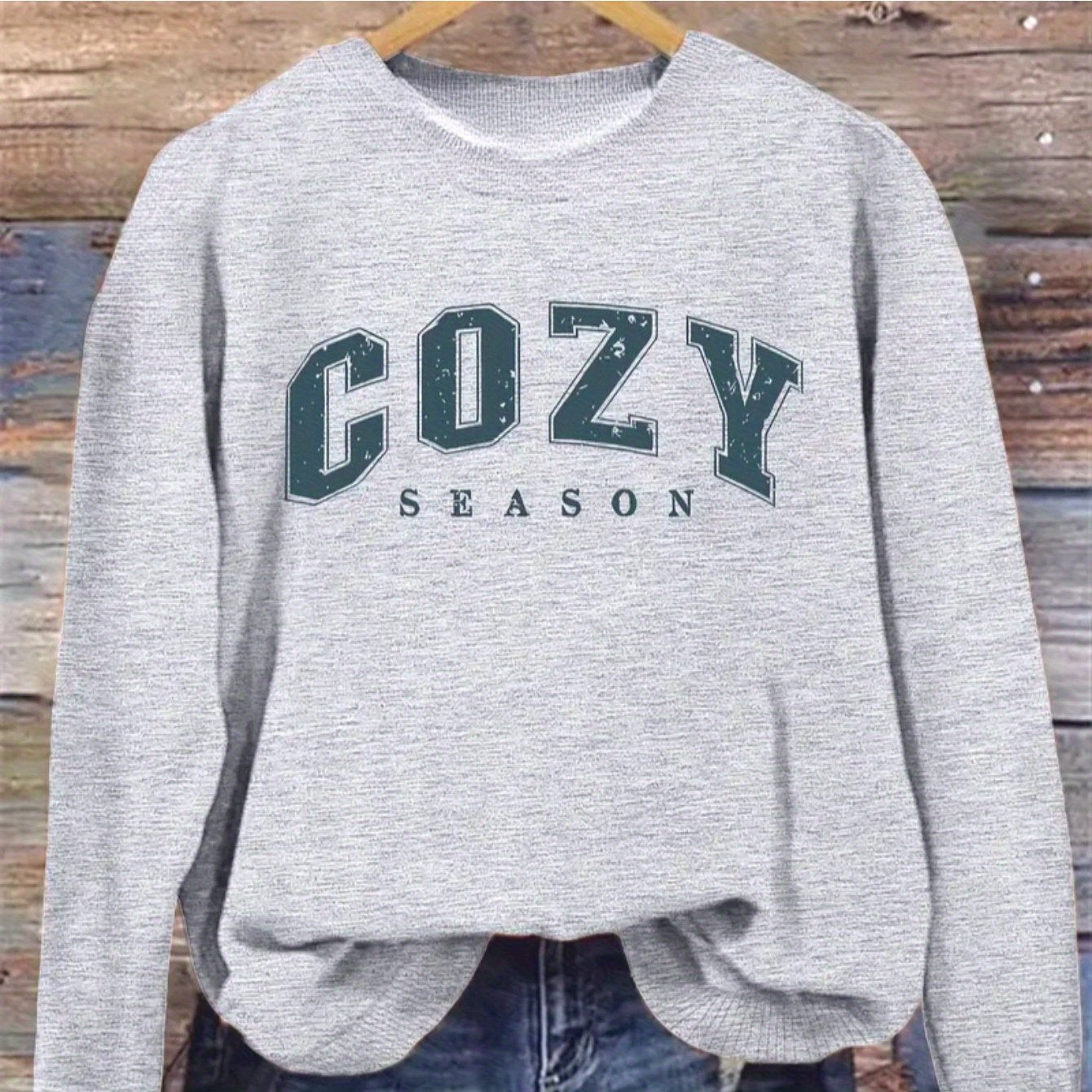 Women'S Casual Crew Neck Sweater, Alphabet Print Long Sleeve Pullover for Autumn/ Winter, Knit Grey Sweatshirt