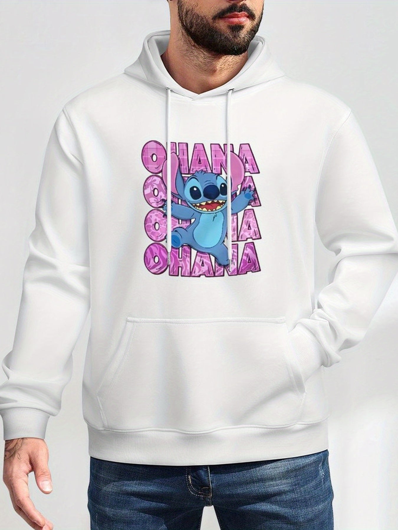 Disney Men'S Black Retro Pullover Hoodie with Stitch Ohana Disney Friends Digital Print, Soft Regular Fit Casual Sweatshirt, Machine Washable, Disney Sweatshirt
