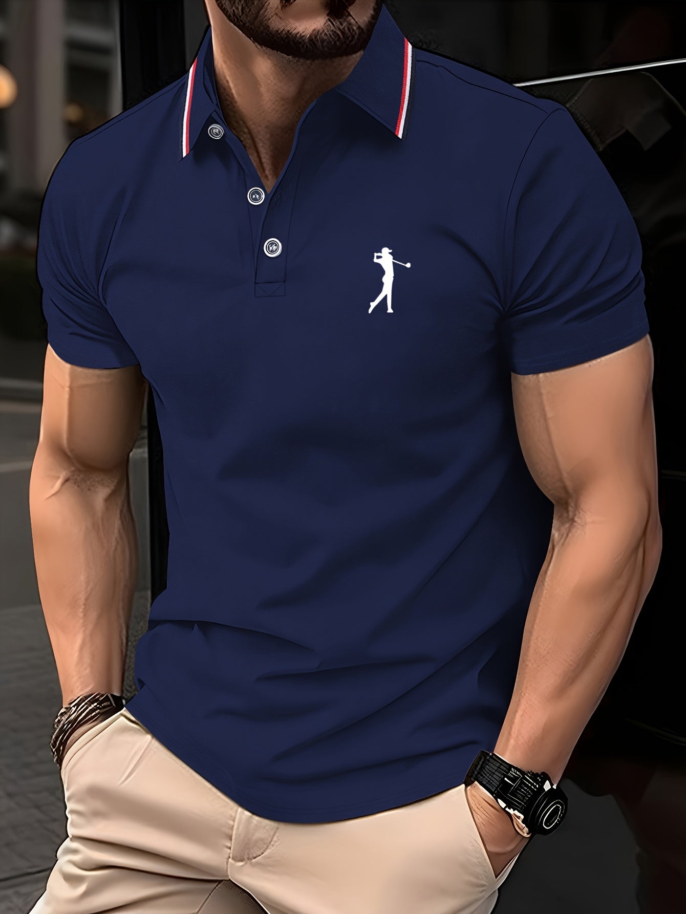 Men's Lightweight Breathable Golf Shirt - Casual Summer Short Sleeve with Collar, Orange Geometric Print, Machine Washable, Perfect for Golf and Business Casual Wear, Contrast Stripe Detailing