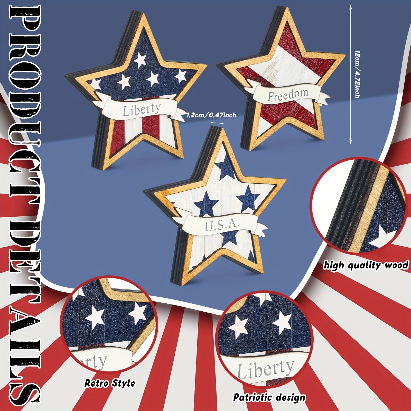 Patriotic American Flag Star Table Decorations - Artificial Wood Cascading Tray Signs with Liberty & Freedom Inscriptions, Red White Blue Independence Day Memorial Day Home Office Party Centerpieces, No Electricity Needed, In