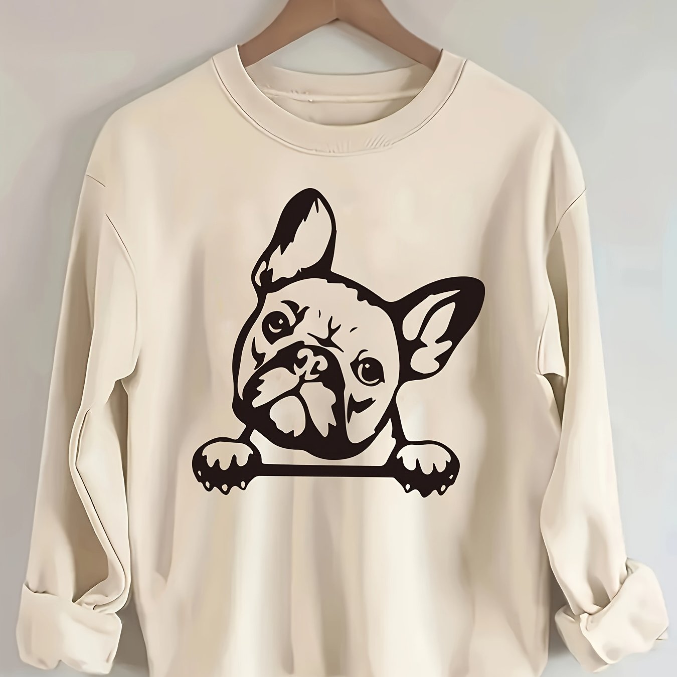 Women's French Bulldog Graphic Crew Neck Sweatshirt - Cozy Casual Long Sleeve Pullover with Relaxed Fit, Machine Washable, All-Season Comfort & Cute Animal Print Design, Everyday Apparel | Round Neckline Top, Dog Sweatshirt