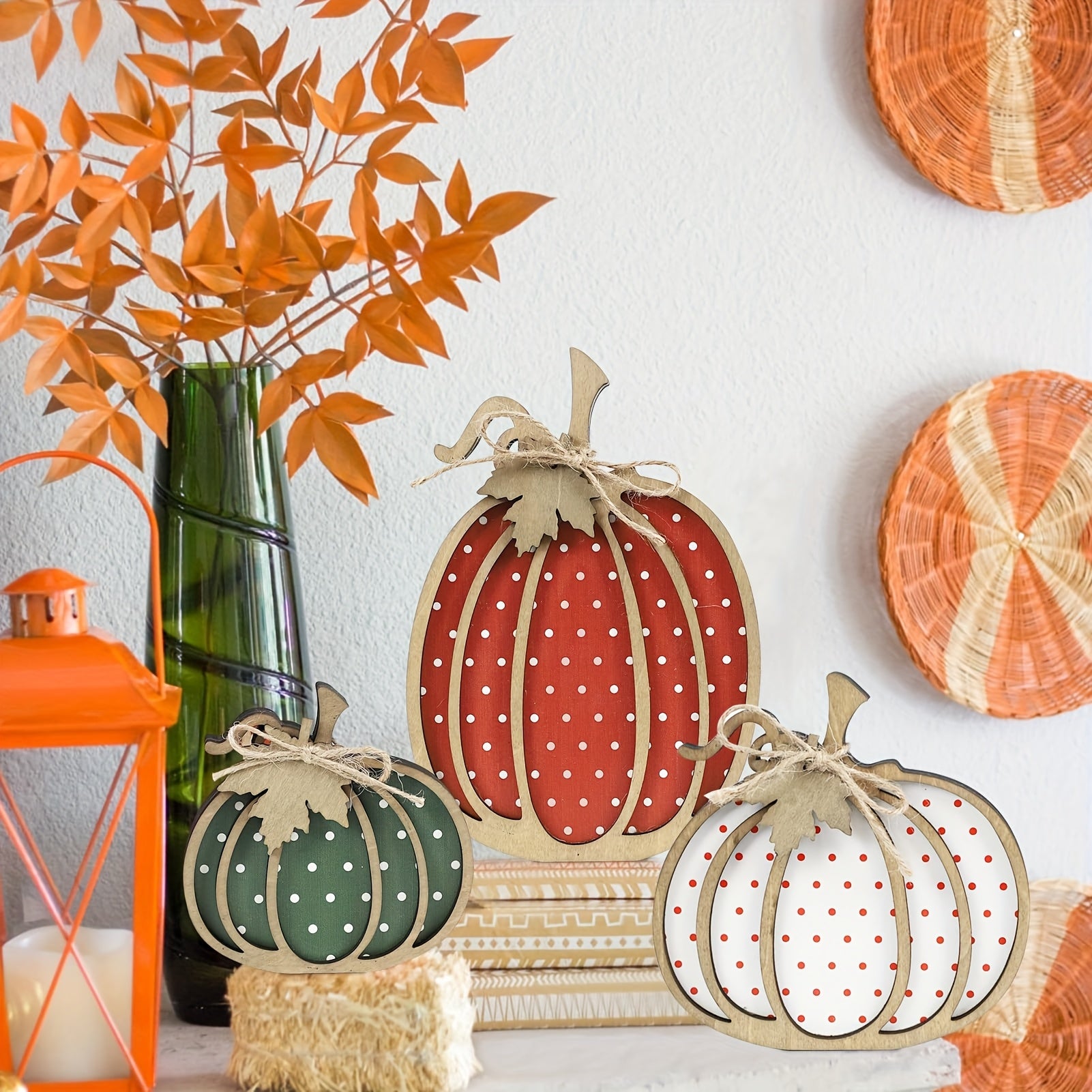 Rustic Farmhouse Wooden Polka Dot Pumpkin Trays - Multi-Size Artificial Wood Decor with Twine Rope Handles, White with Red Dots for Thanksgiving Harvest Season Home & Party Table Decorations, Thanksgiving Table Decor, Festive