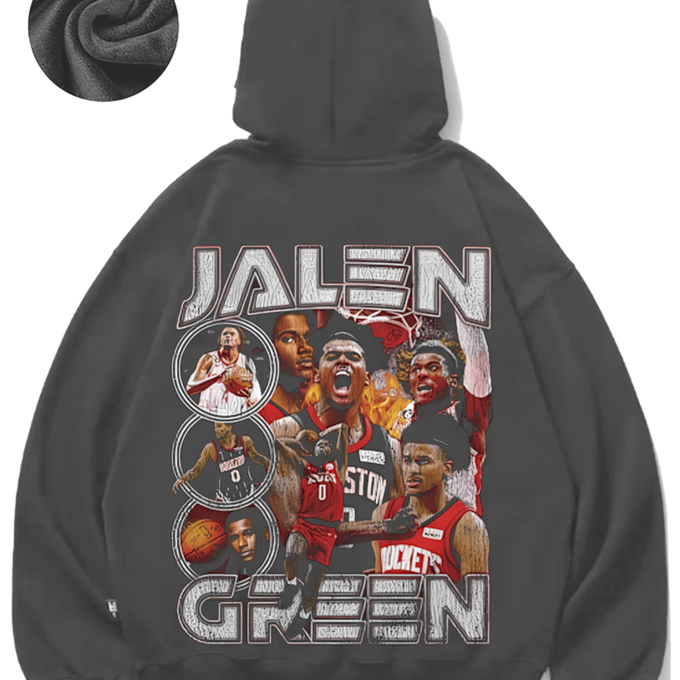 Men's Jalen Green Basketball-Themed Hoodie - Cozy Fleece Pullover with Player Silhouettes, Casual Style for Fall/Winter, Black/Grey