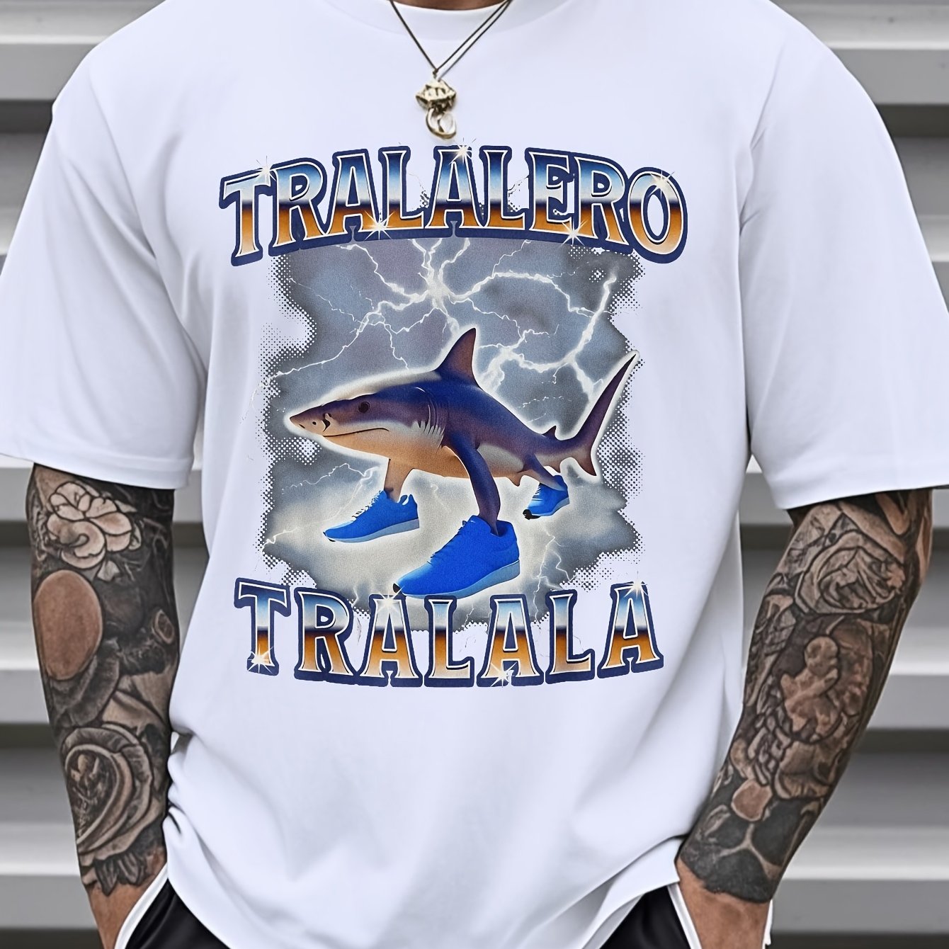 Tralalero Men's Shark Lightning Graphic T-Shirt - Bold TRAALERO TRAALALA Design, Vibrant Blue Casual Streetwear, Regular Fit Short Sleeve Tee for Music Festivals, Concerts & Beach Days, Concert Attire, Festival Clothing, Digi