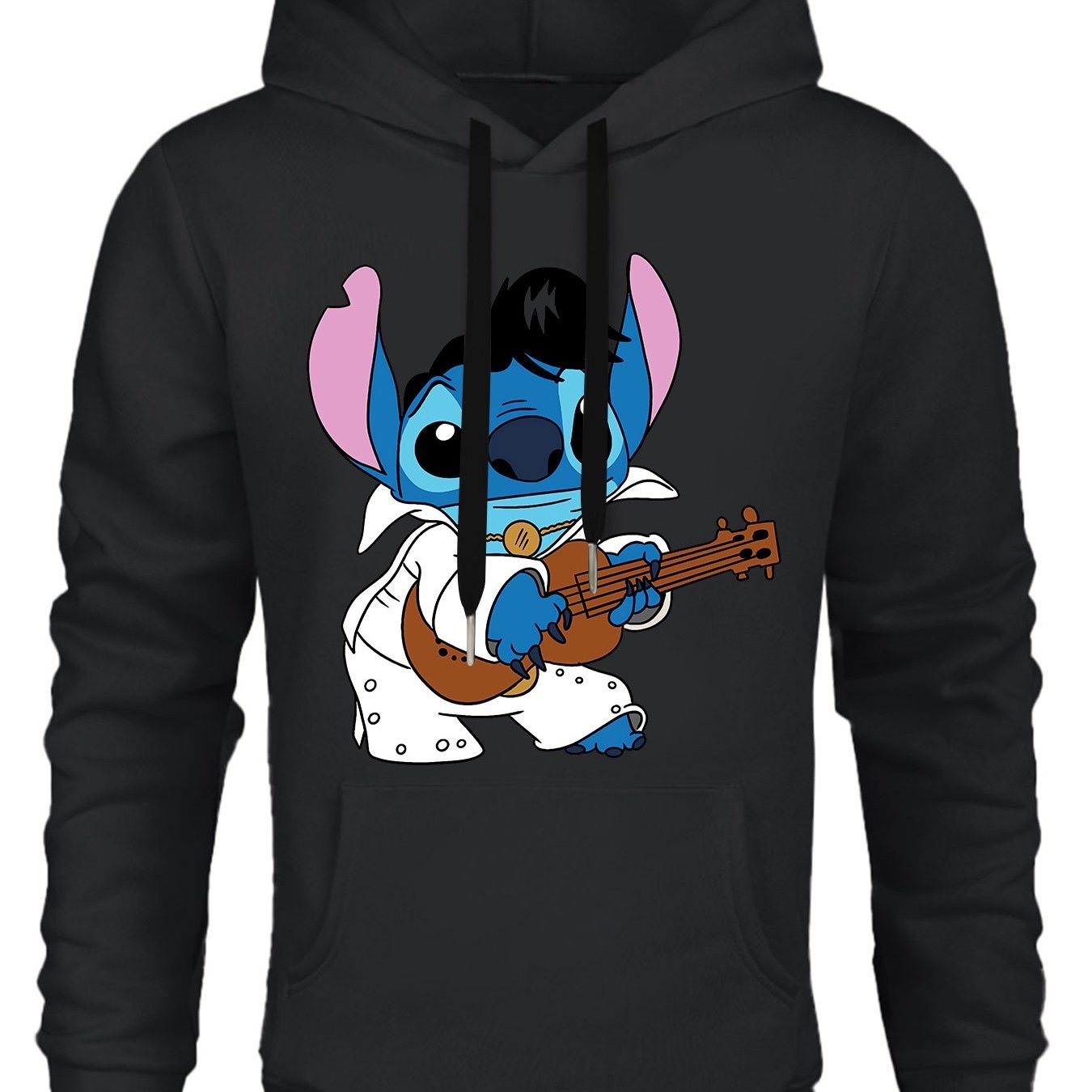 Disney Stitch Men's Fleece Hoodie - 300g Soft Pullover with Ukulele Print, Black Casual Sweatshirt, Relaxed Fit, Machine Washable, Spring & Autumn Fan Gift, Durable Comfort Wear, Graphic Sweatshirt, Comfortable Fabric, Printe