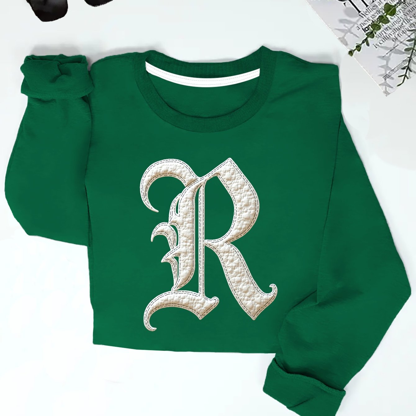 Women'S Gothic Letter R Embroidered Sweatshirt, Casual Crew Neck Long Sleeve Pullover, Geometric Pattern, Regular Fit, Fall/Winter Collection, Cute Sweatshirts