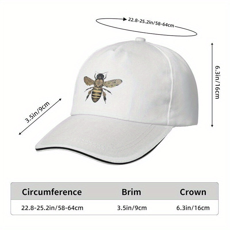 Bee Print Baseball Cap, 100% Polyester Casual Trucker Hat, Adjustable Lightweight Hand-Woven with Zip Closure, Non-Elastic Summer Sun Protection for Golf, Sun Protection Hat | Headgear | Zipper Closure Cap