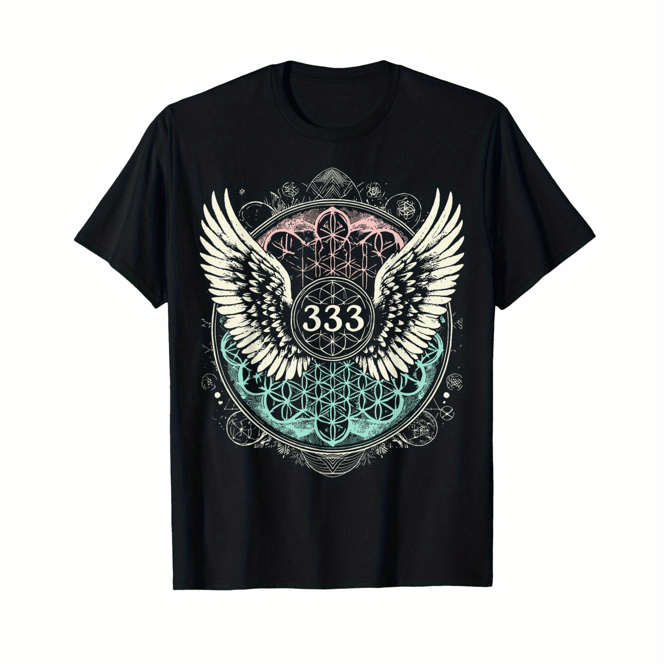 Men's Metatron's Cube Sacred Geometry Angel Wings & Lightworker Design T-Shirt - Black 100% Cotton 180gsm Regular Fit Casual Tee for Spiritual Healing & Mystical Style