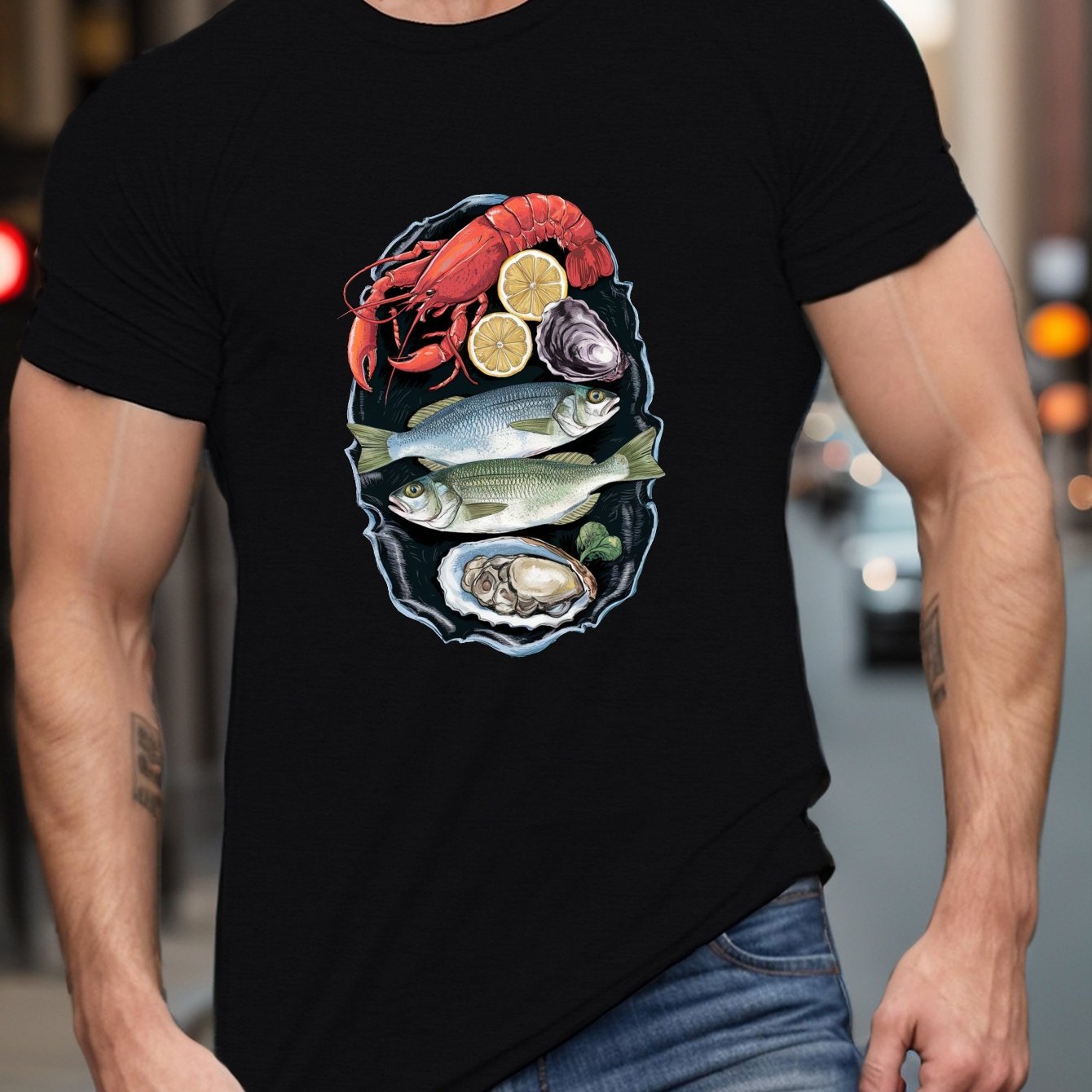 6 sizes to choose Seafood Platter Illustration Print Tee Shirt Tees for Men Casual Short Sleeve TShirt for Summer