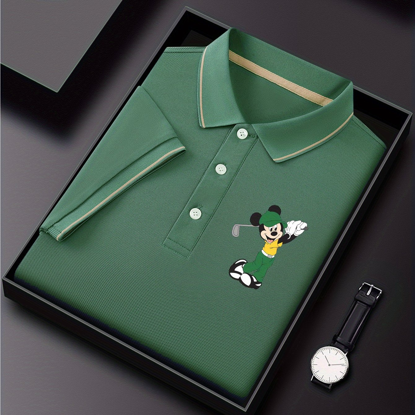 Disney Mickey Golf Sports Style Printed Short Sleeve Polo Shirt, Premium Business Casual, Lightweight Polyester, Quick Drying and Breathable Golf Shirt, Polo Shirt, Suitable for Outdoor Golf and Tennis, Perfect Gift Choice fo