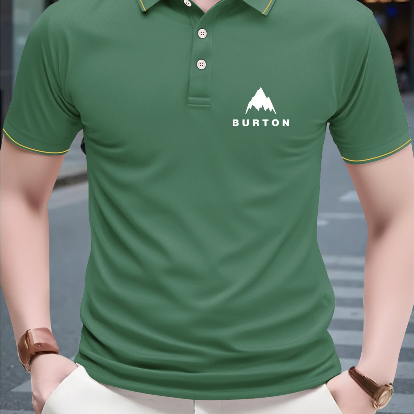 1pc Burton Men's Shirt - 230g Breathable Polyester, Light Beige-Friendly Soft, Geometric Mountain Logo Print, Green with White Collar & Yellow Trim, Regular Fit Short Sleeve for Golf & Casual Outings, Summer Apparel, Classic