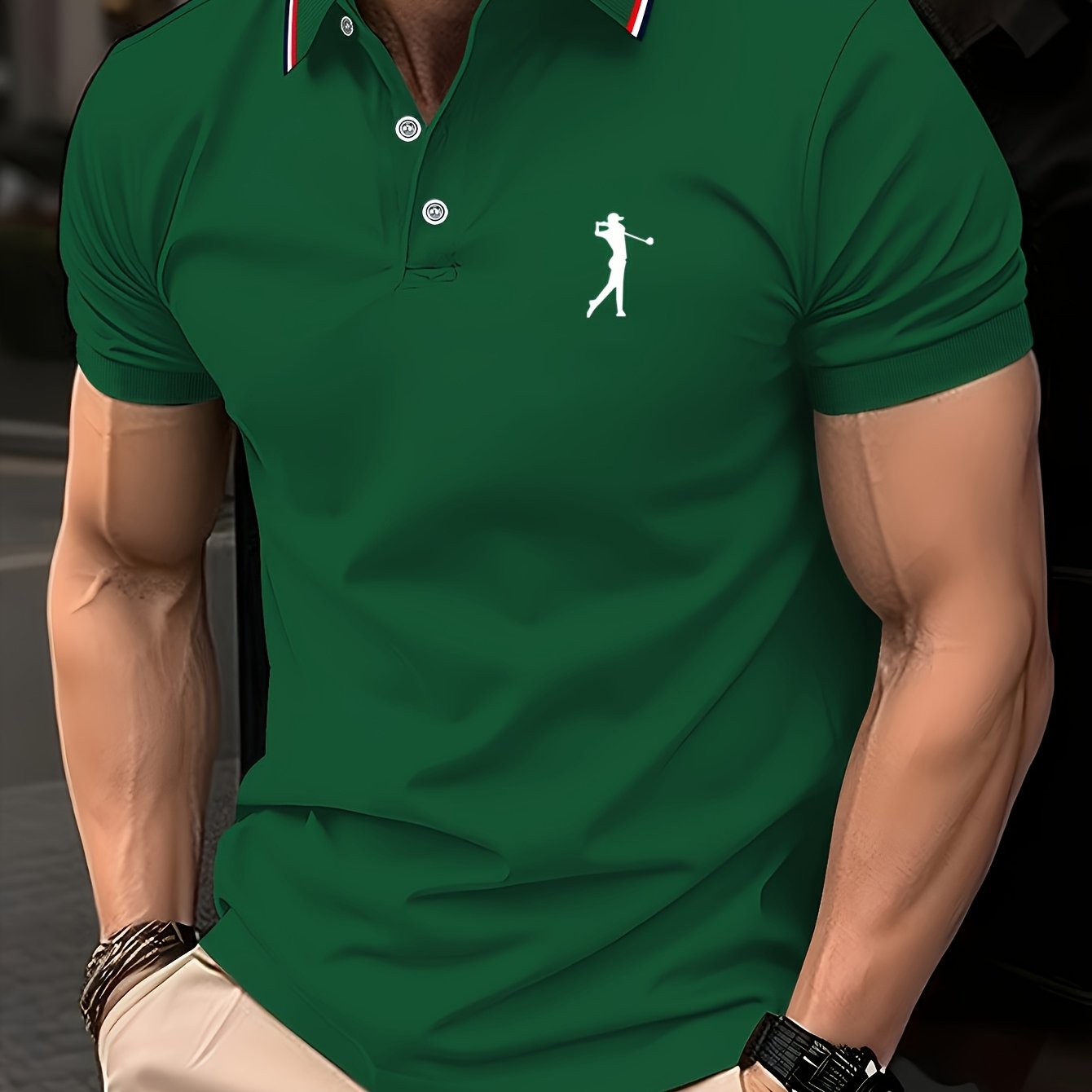 Men's Lightweight Breathable Golf Shirt - Casual Summer Short Sleeve with Collar, Orange Geometric Print, Machine Washable, Perfect for Golf and Business Casual Wear, Contrast Stripe Detailing