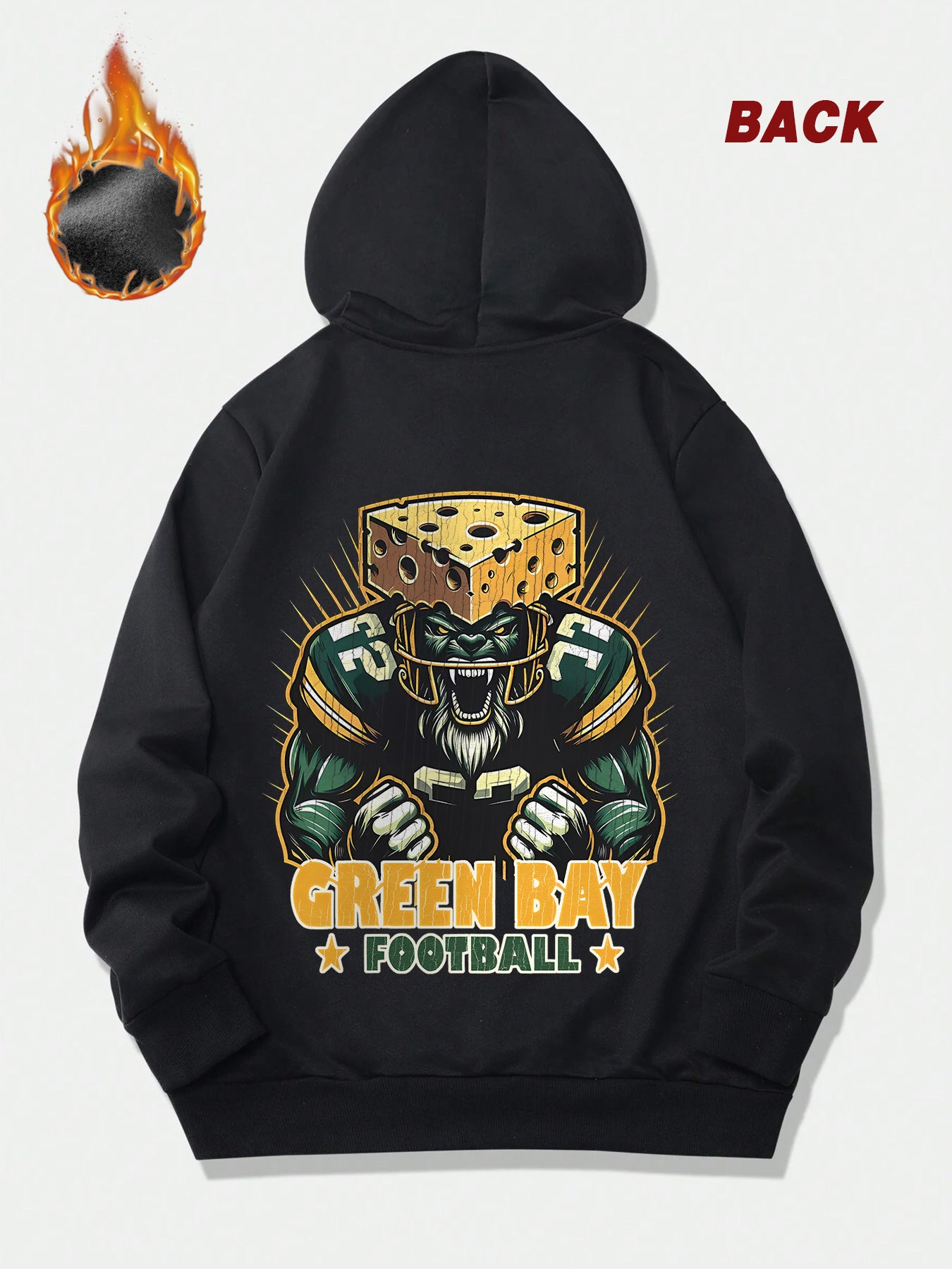 Green Bay Football Cheesehead Bear Graphic Hoodie - Cozy Fleece-Lined Casual Sweatshirt with Drawstring & Pockets, Unisex, Perfect for Football Fans, Stylish Print Hoodie for Autumn and Winter