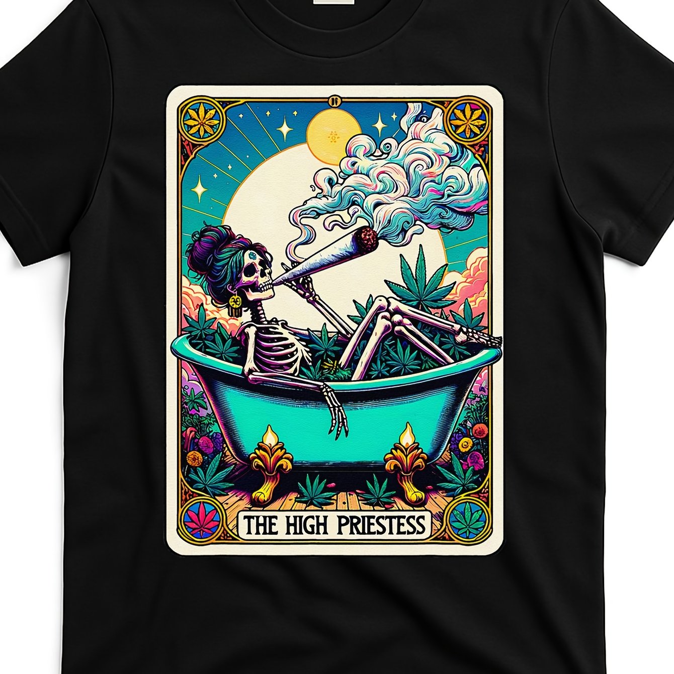 The High Priestess Retro Skeleton Marijuana Tarot Card T-Shirt - Unisex Vintage Graphic Tee with Skeleton in Bathtub & Smoke Design, Soft Breathable Cotton, Regular Fit Round Neck, Machine Washable, Black, Allseason Apparel,