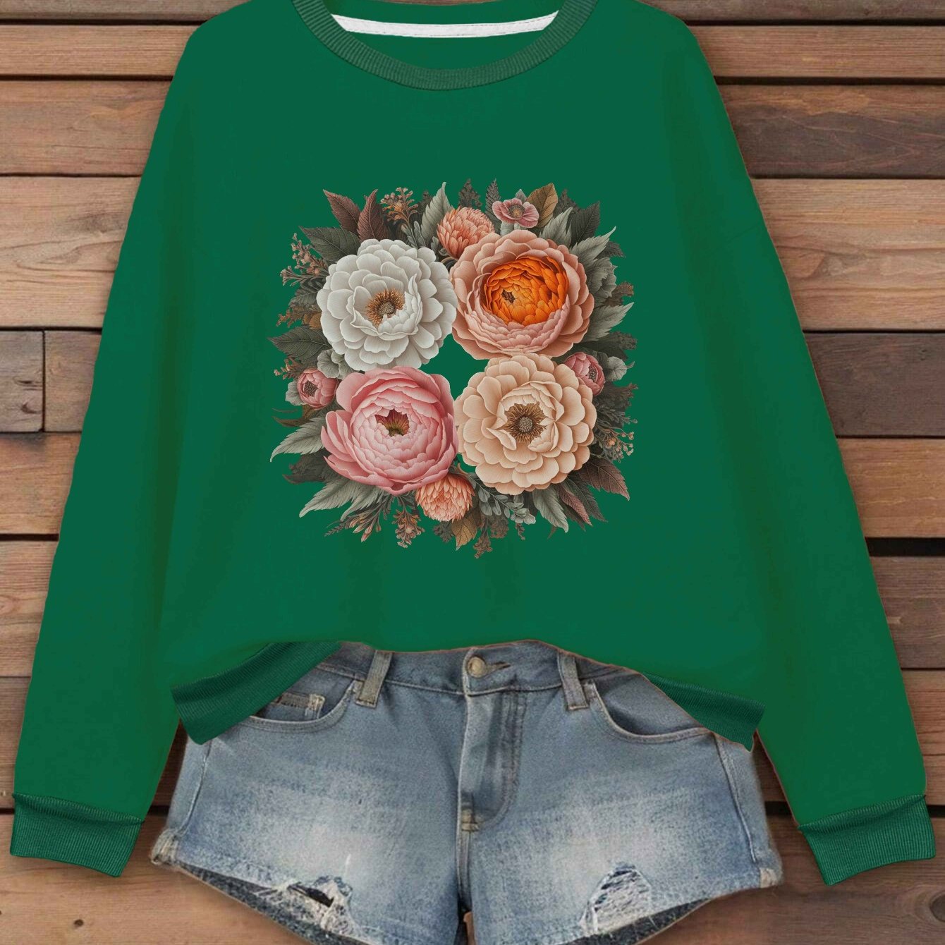 TeeDiy Women's Floral Embroidered Sweatshirt - Casual Long Sleeve, Round Neck, 100% Polyester, Machine Washable - Elegant Black with Pink & Orange Flowers, Perfect for Fall/Winter