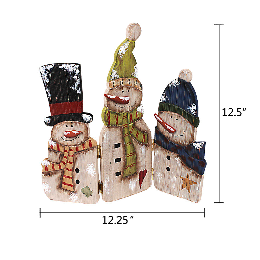 Christmas Decorations Wood Snowman Sign Holiday Xmas Home Decor Wooden Folding Triple Snowmen Screen Rustic Decorative Ornaments for Table Top Fireplace (Snowman)