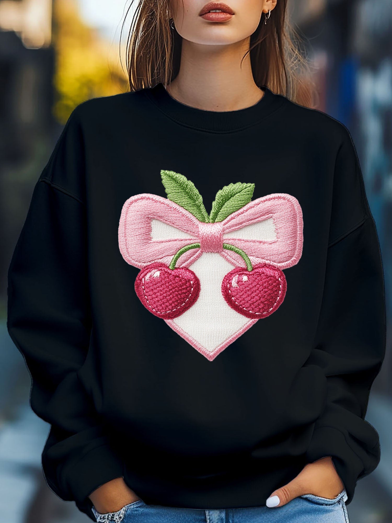 Women's Cherry Love Heart Bow Embroider Print Sweatshirt Pullover - Fall Loose Fit Long Sleeve Crew Neck Casual Comfy Cotton Knit Top with Floral Print, Machine Washable, Cute Style for Autumn/Winter