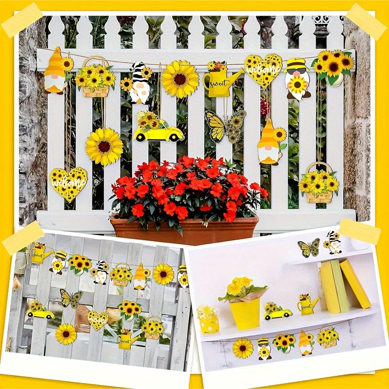 Wooden 2D Sunflower, Gnome, Butterfly, Chrysanthemum, Sunflower, Car, Kettle Pendant - Yellow Floral Pendant With Rope, Perfect For Birthday Parties And Holiday Celebrations, Gnome Garden Decoration!