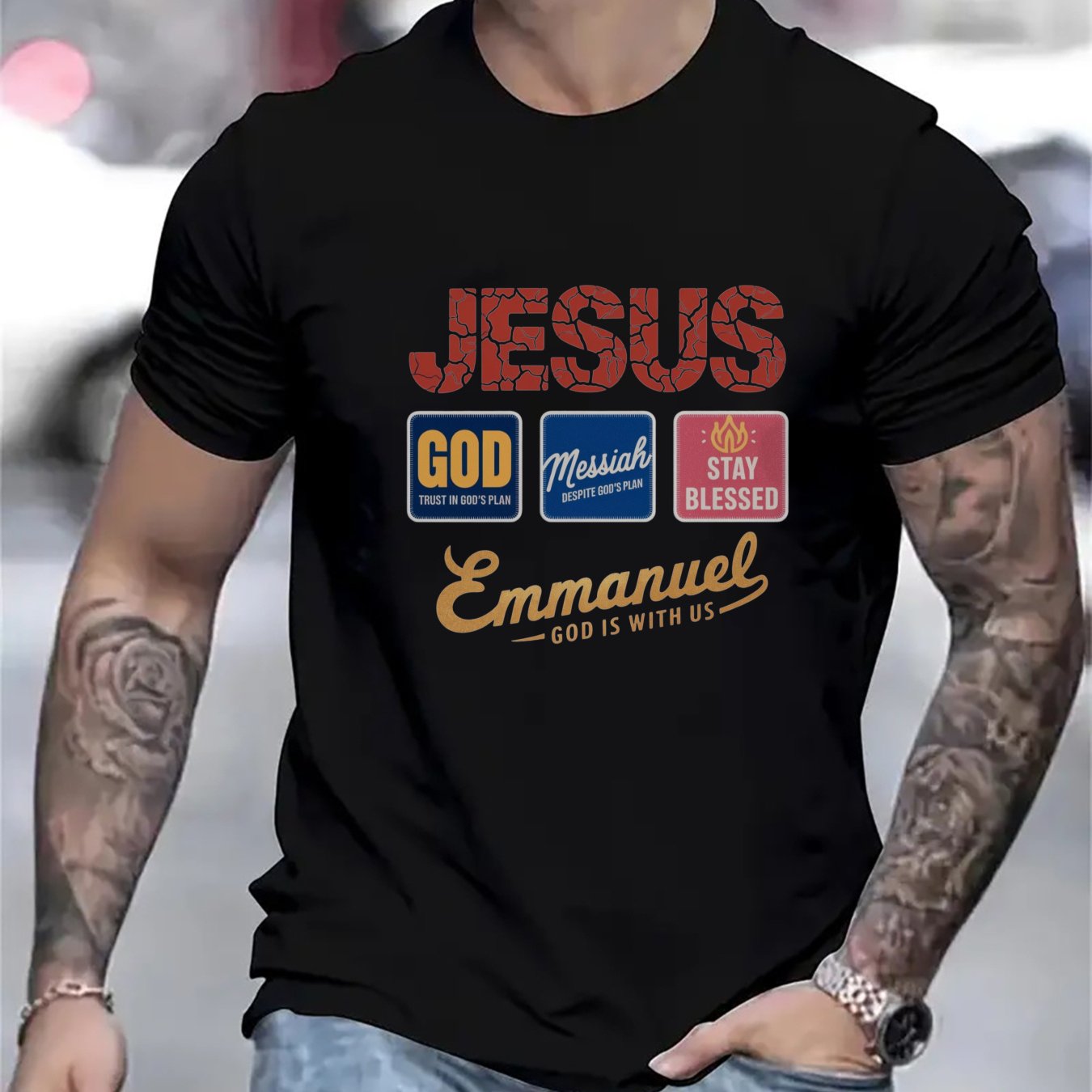 Men's Jessus Godd Messiah Stay Blessed Emmanuel Graphic T-Shirt - Black Religious Design with Scripture References, Soft Breathable Short Sleeve Round Neck Casual Summer Tee, Machine Washable, Everyday Comfort Apparel, Inspirat