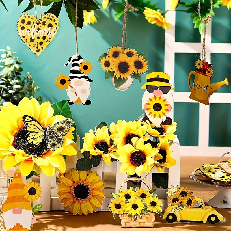 Wooden 2D Sunflower, Gnome, Butterfly, Chrysanthemum, Sunflower, Car, Kettle Pendant - Yellow Floral Pendant With Rope, Perfect For Birthday Parties And Holiday Celebrations, Gnome Garden Decoration!