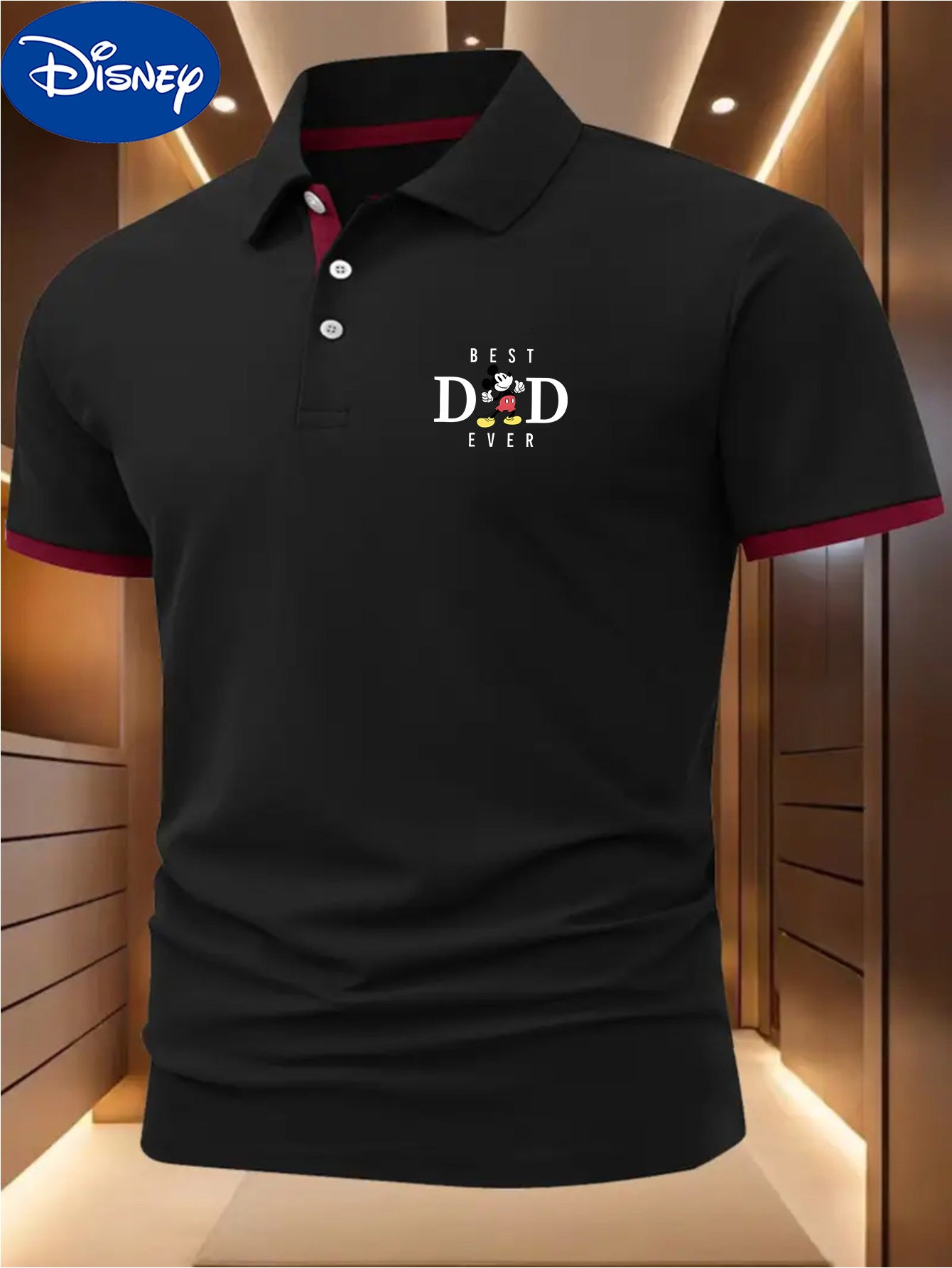 Disney BEST DAD EVER Mickey Theme Print Shirt - Lightweight Quick-Dry Breathable Polyester, Color Blocked Collar & Sleeve Trim, Unisex Golf & Tennis Shirt for Summer, Perfect Father's Day Gift