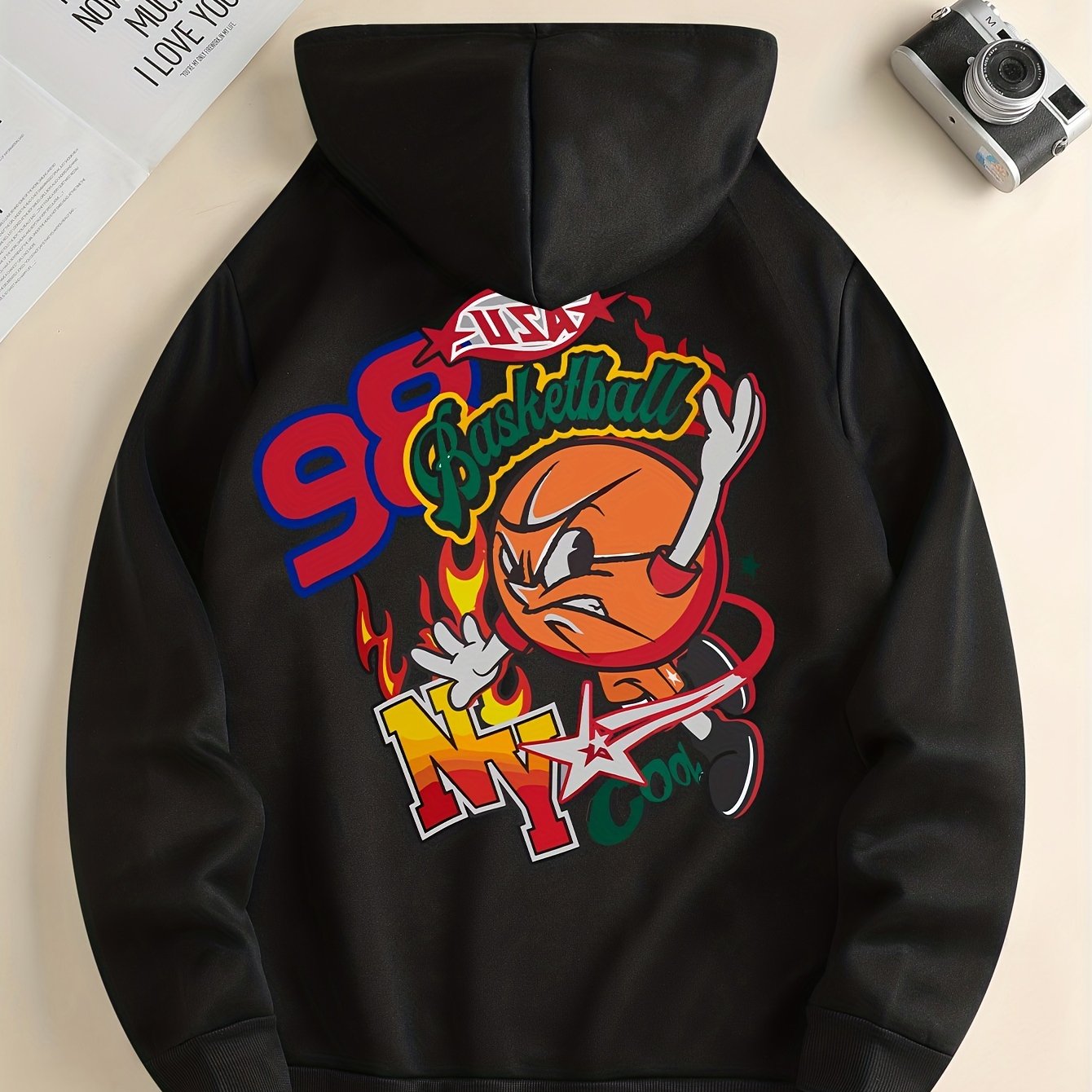 Men'S Trendy Hoodie with Basketball Print - Casual Drawstring Pullover with Kangaroo Pocket, Polyester & Spandex Blend, Machine Washable